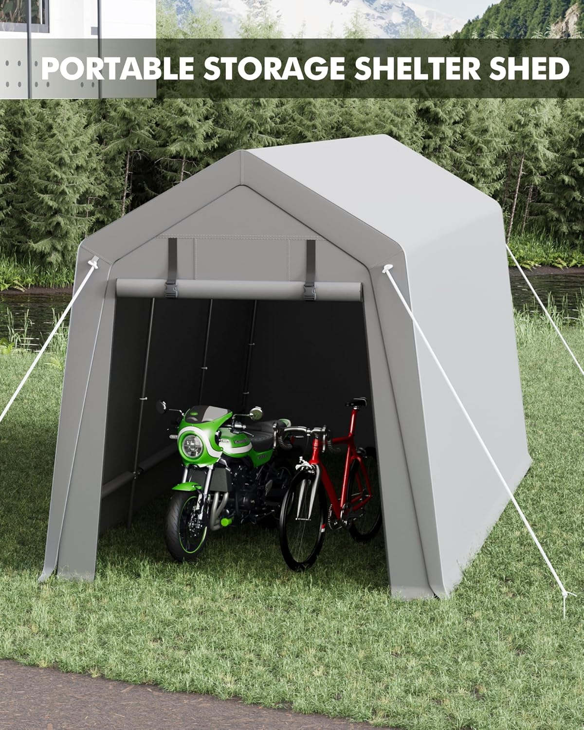 IDEALHOUSE 7x15 FT Heavy Duty Motorcycle Storage Shed - Portable Waterproof Shelter with Roll-Up Zipper Door for Bikes, Firewood & Garden Tools (Grey) - Image 4