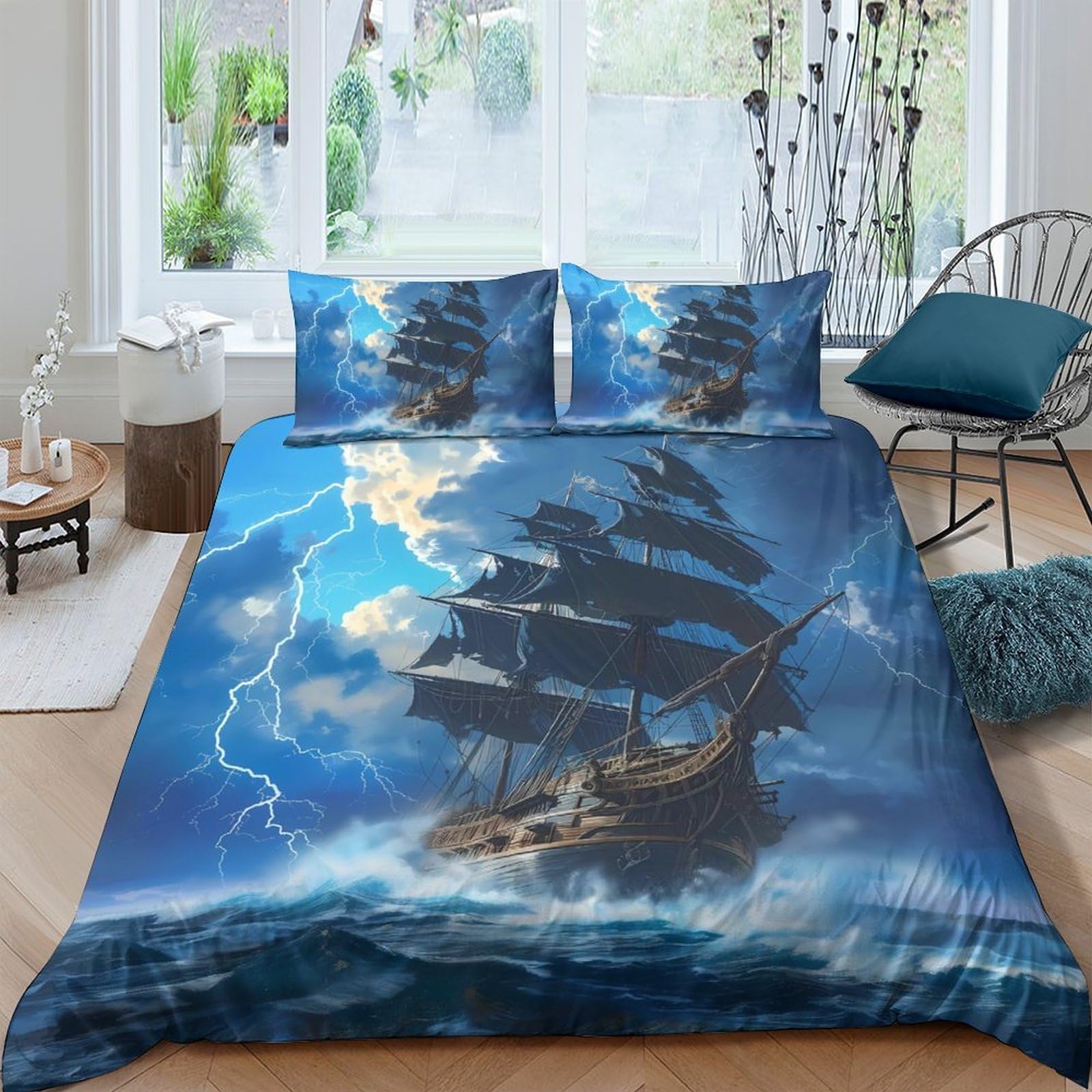 Ctjqhvkz Style-2 3D Printed Stormy Ocean Ship Fitted Sheet Microfiber Anti-Slip Waterproof Bed Cover For Bedroom Guest Room Decor Single（135X200cm）