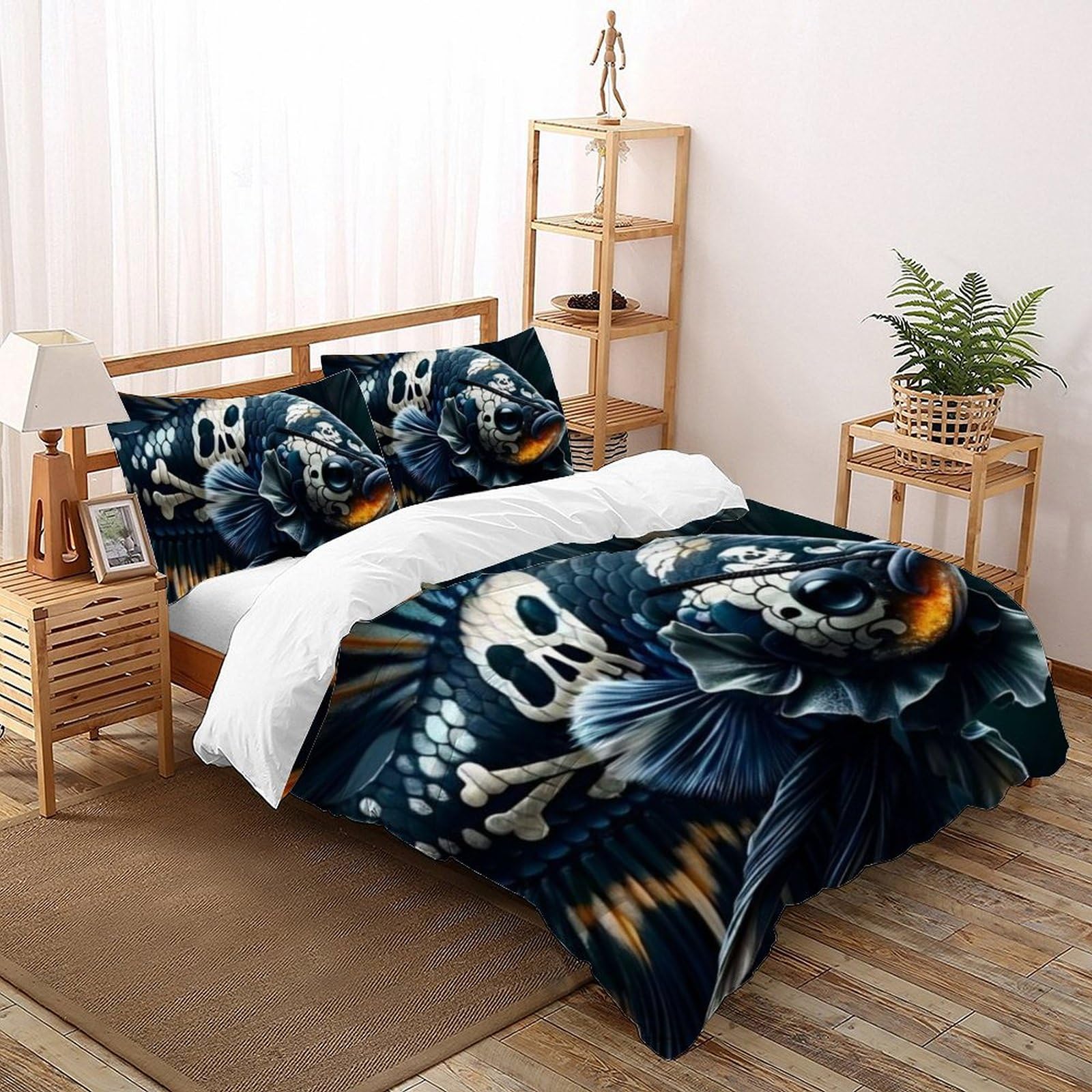 Housse de couette double poisson à écailles noires en microfibre imprimée 3D 200x200