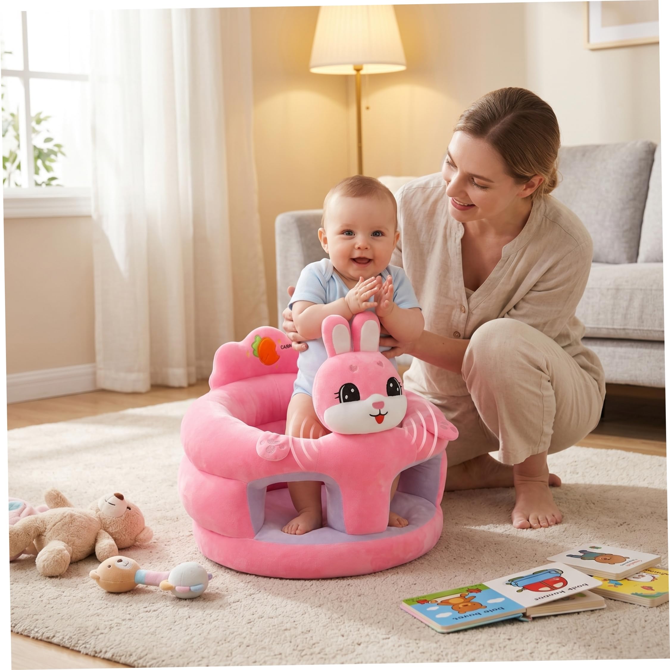 Babysitzstuhl, Sit Me Up-Bodensitz für Babys, tragbarer Sitzstuhl mit ergonomischer Unterstützung und weichem Plüschstoff, Hasendesign für Kleinkinder von 3 bis 12 Monaten, Sitze für Kleinkinder ab 3