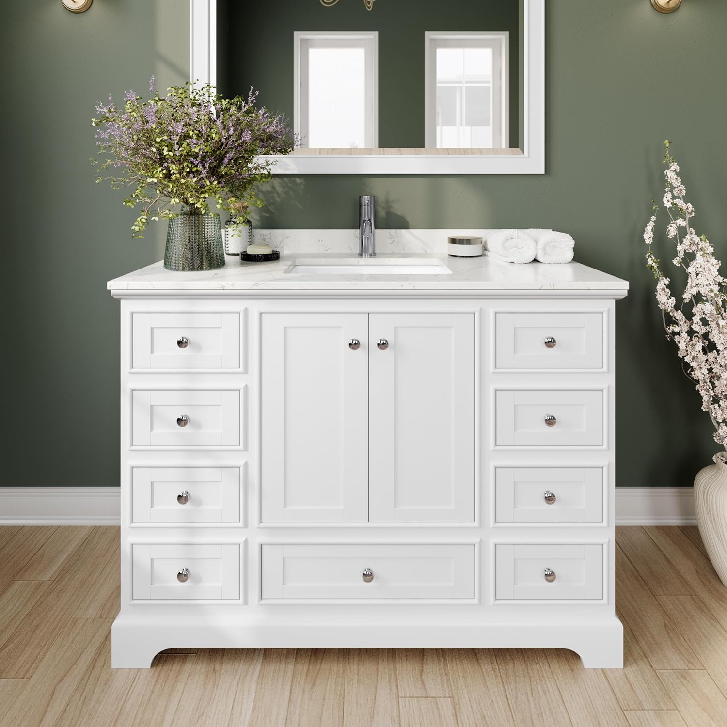 Deborah 48 Inch Single Bathroom Vanity in White, Light-Vein Carrara Cultured Marble Countertop, Undermount Square Sink, No Mirror