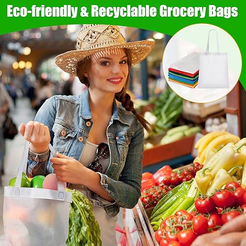 Miniatura 4 de Jexine Paquete de 50 bolsas de mano no tejidas a granel de 13 x 15 pulgadas, bolsas de comestibles reutilizables con asas largas para ir de compras,