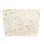 PAZIMIIK Floral Makeup Bag Large Cotton Zipper Pouch for Purse Travel Canvas Make Up Organizer for Women Cosmetic,Daisy Beige