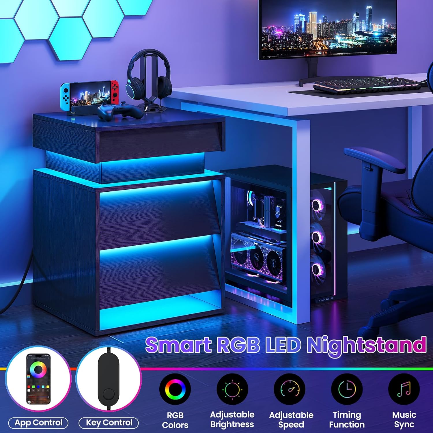 LED Nightstand with Charging Station, Modern Night Stand with Sliding Top & 2 Slanted Drawers, Wood Bedside Table End Side Table for Bedroom, Living Room, Office, Black