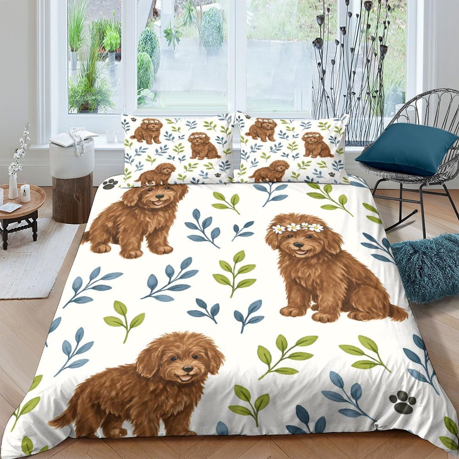 GPLZQXKJNH 3D Printed Brown Puppy Duvet Cover Microfiber Soft Breathable Green Leaf Quilt Cover Set with 2 Pillowcases for Bedroom Home Decor Single（135x200cm）