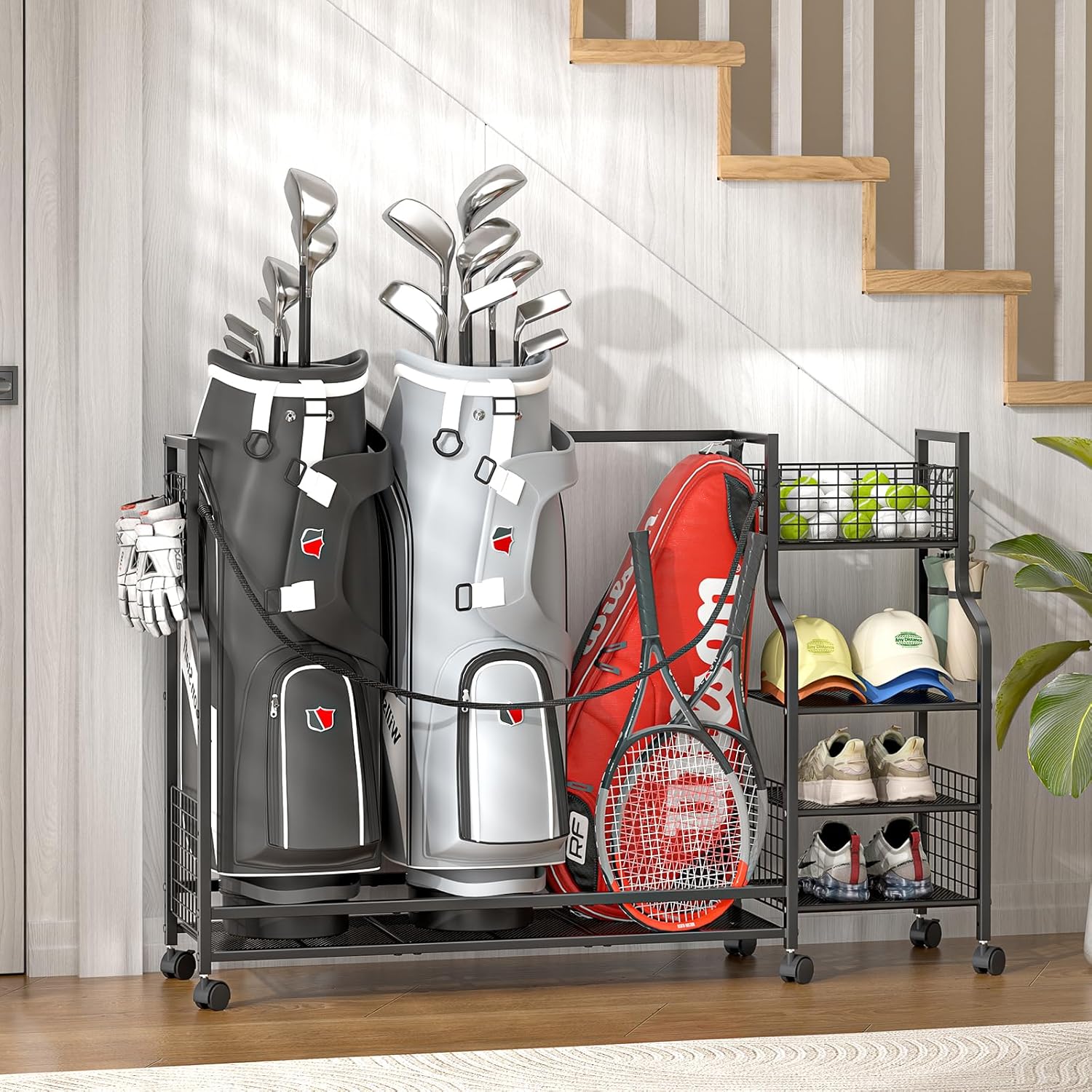 Golf Bag Storage Rack for Garage with Wheels, Organizer for Golf Bag and Equipment Accessories, Golf Organizer Stand Ideal for Home, Garage, Club, Shed, Basement - Sturdy and Durable (Black)