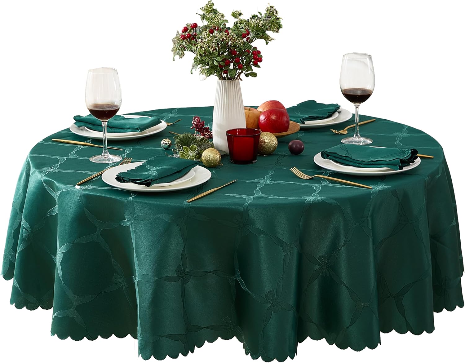 Newbridge Round Tablecloth, 90 Inch, Ribbons and Bows Damask, Wrinkle and Stain Resistant Fabric Table Cloth, Holiday Evergreen