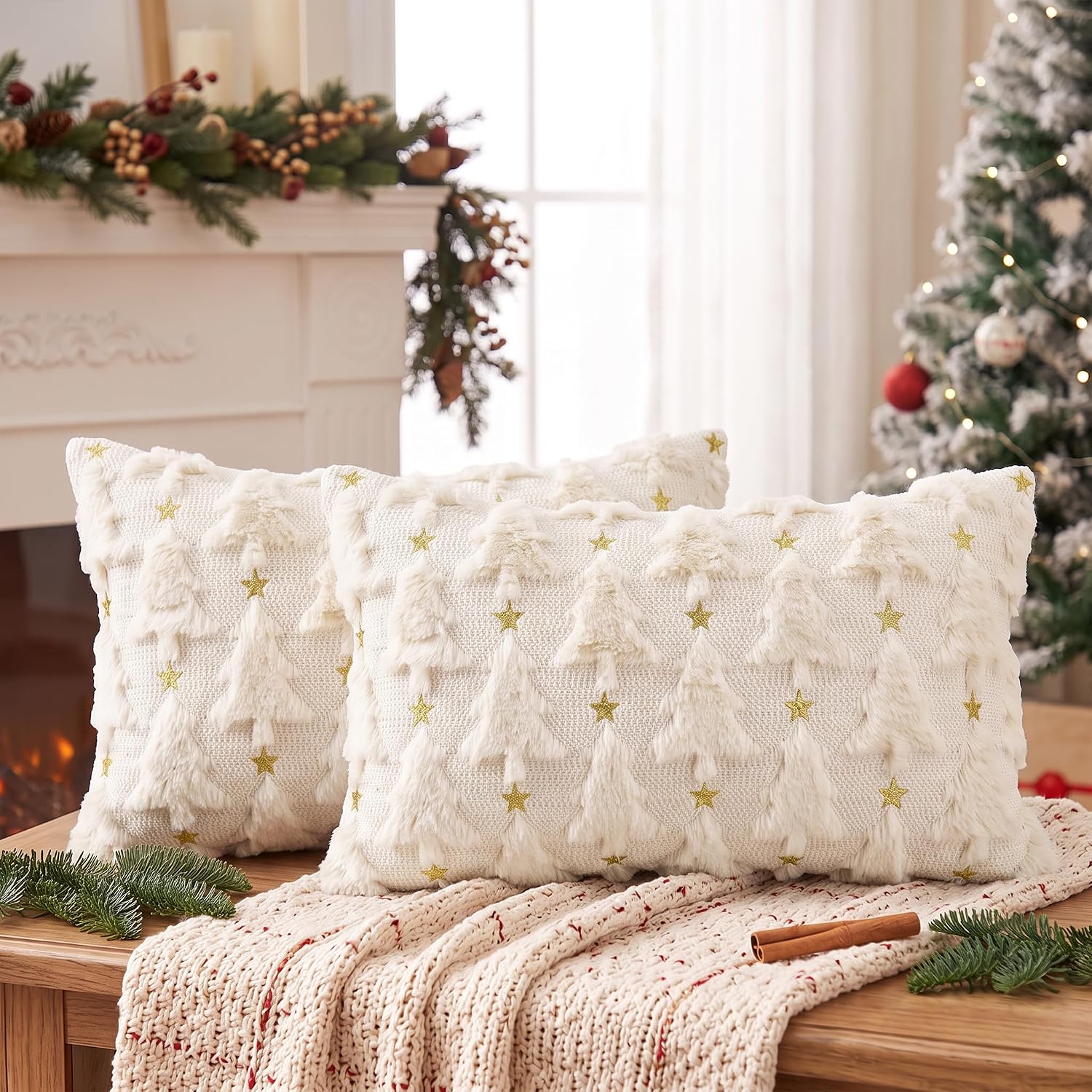 AVOIN colorlife Christmas Tree Star Beige Throw Pillow Cover Set of 2, 12 x 20 Inch Soft Plush Faux Fur Jacquard Cushion Case Festivals Winter Decoration for Sofa Couch