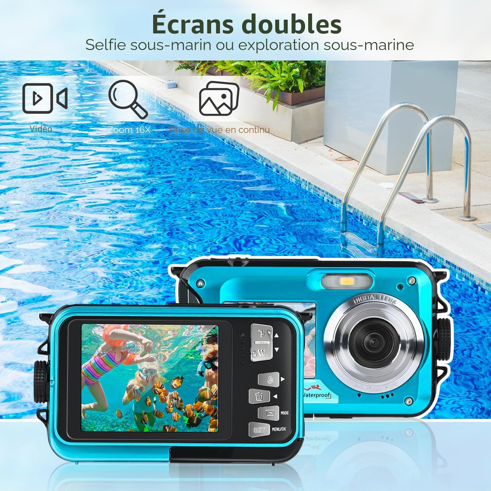 Appareil Photo Etanche, Comius Sharp Caméra Étanche 10FT 30MP Photo FHD Vidéo 16X Digital Zoom avec Carte Mémoire 32G et Selfie Double Écrans pour Selfies Sous l'eau, Natation, Surf, Plongée