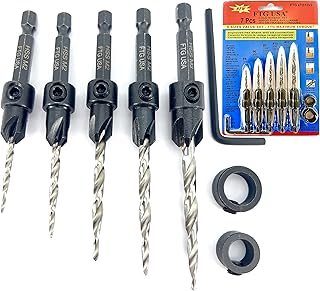 Countersink Drill Bit Set 5 Pc Countersink Drill Bit #4#6#8#10#12 Tapered Drill Bits with Improved Countersink Connection Drill Bit to Hex Shank Without Pin, 2 Stop Collar, 1 Allen Wrench