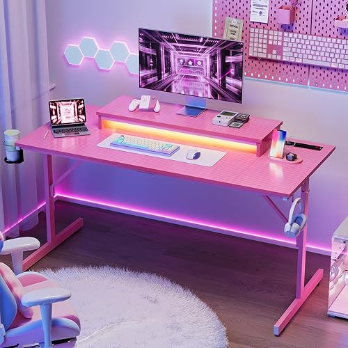 Miniatura 47 de Bestier Escritorio para juegos de 42 pulgadas con luces LED, mesa de juegos para computadora pequeña con estante para monitor, escritorio para Fibra
