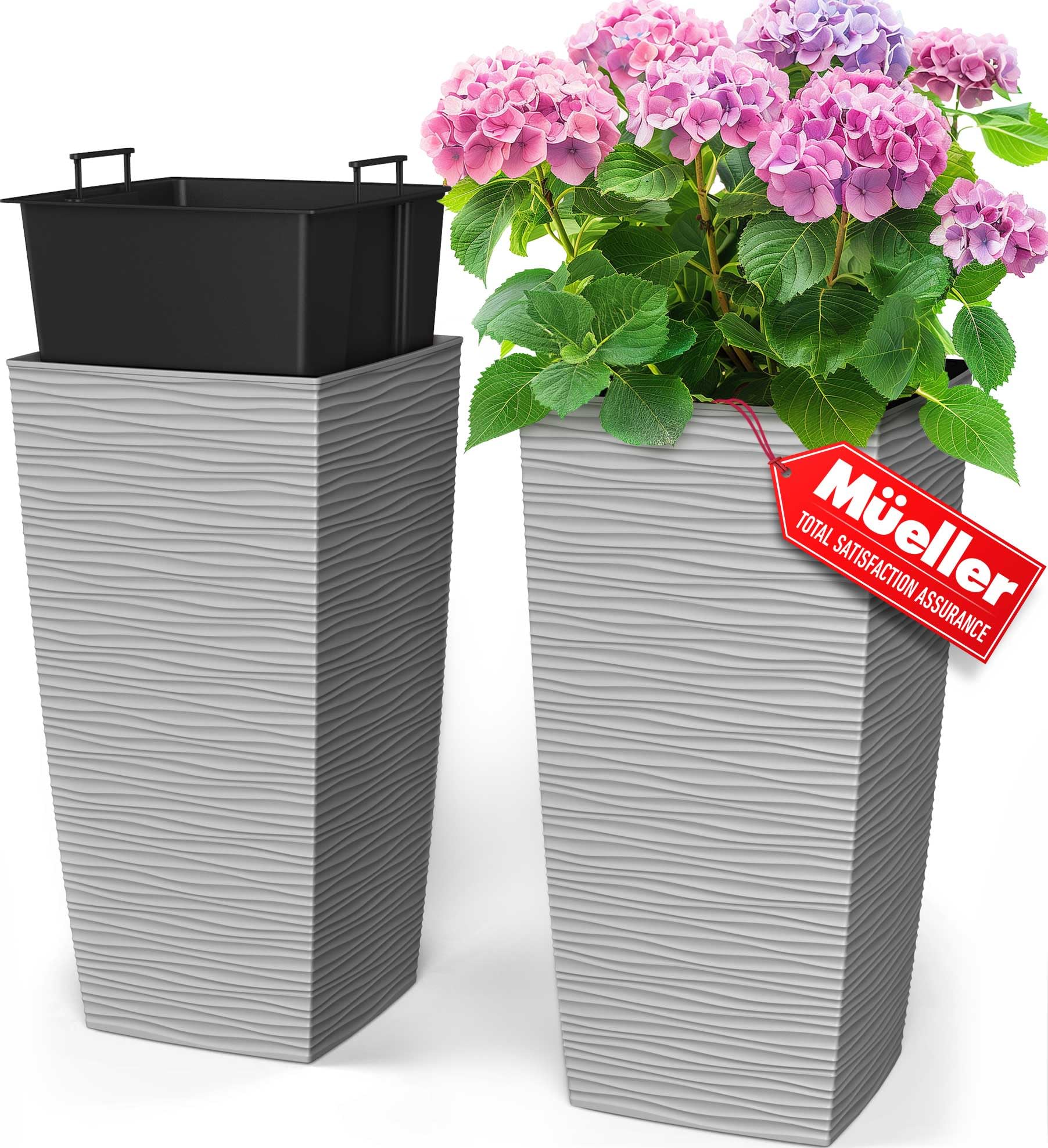 Mueller M-Resin Heavy Duty Tall Planters for Outdoor Plants, Indoor Grande Plant Pots, Boxes, Trees, Flower Pots, 2-Piece Set, 18”, Modern Design, Built-in Drainage, Front Porch Decor, Light Grey