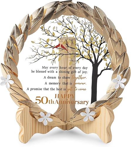 50 aniversario de boda, ideas de regalos únicos, placa de cristal con corona de hojas de oro, regalos de boda de 50 aniversario para padres y
