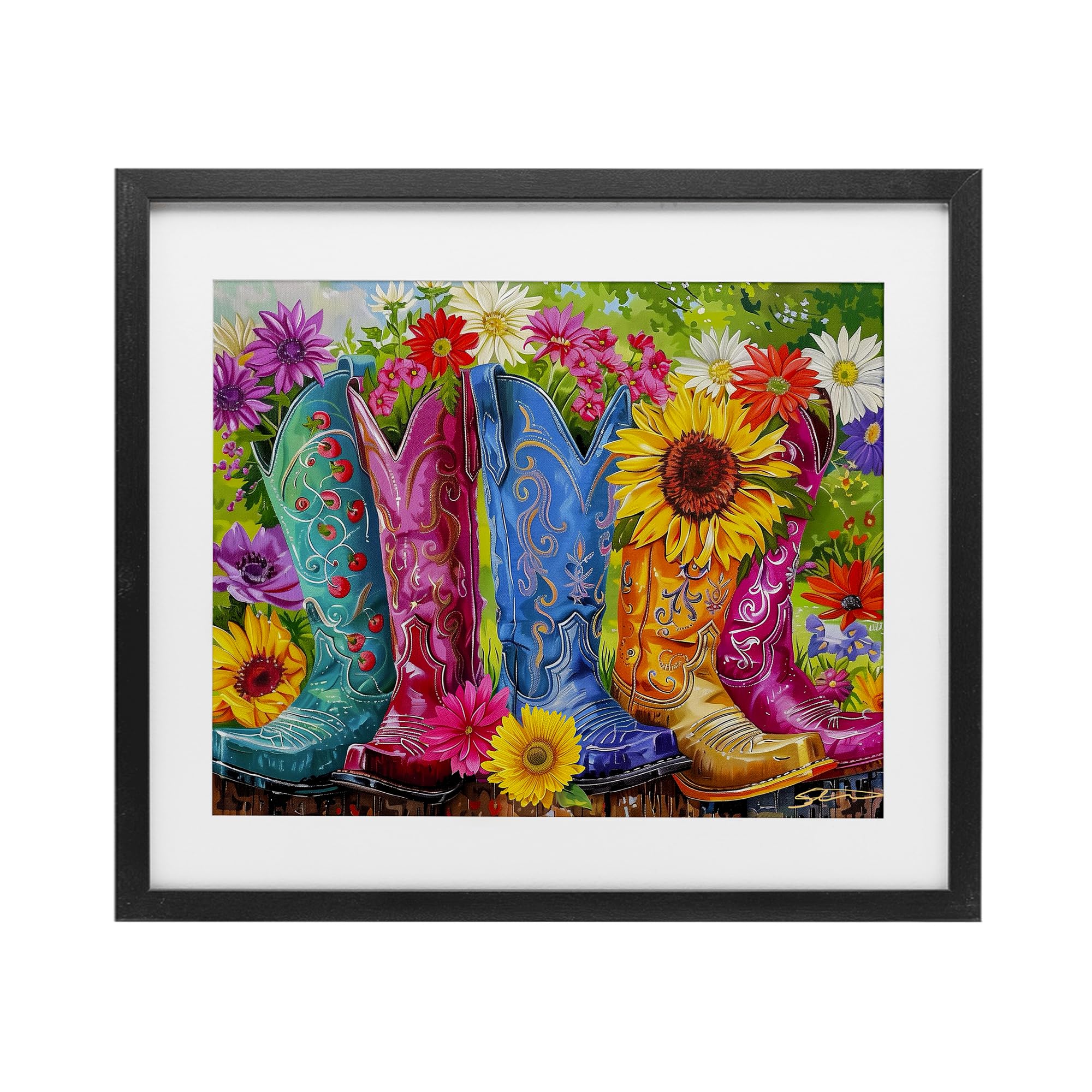 Bottes de cowboy et tournesols gris tableau encadré Shawna Stewart pour sublimer votre histoire