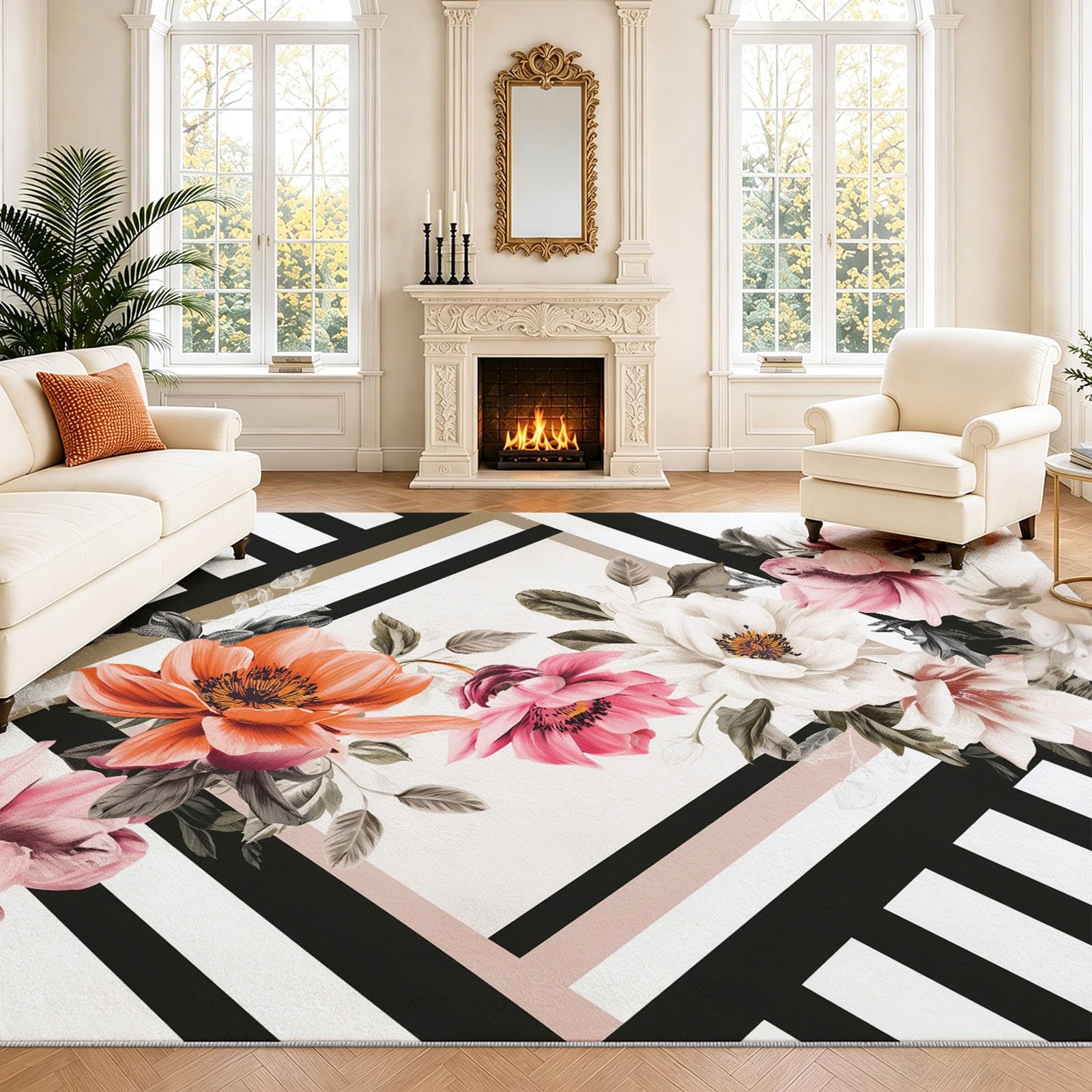 Königlich Floral dywan z krótkim włosiem, nadający się do prania, 80 x 150