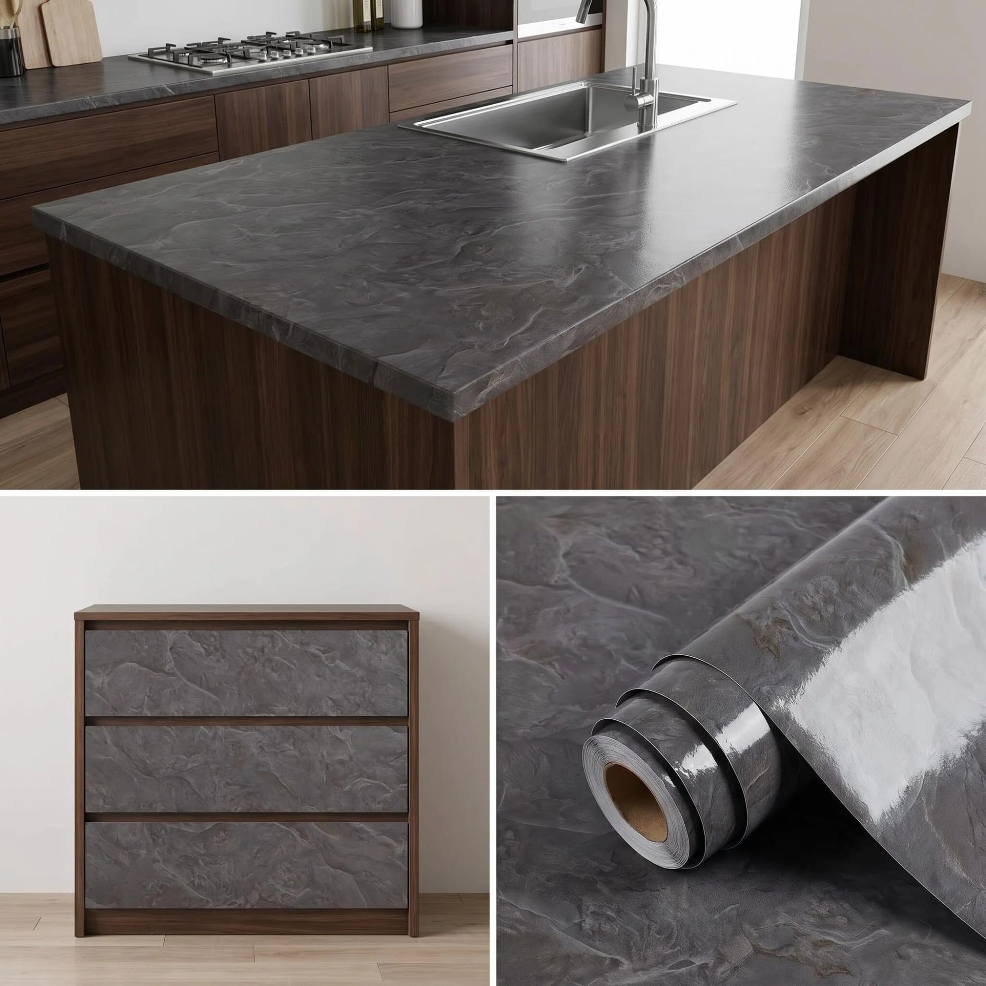 52cm x 3m Grey Marble Kitchen Worktop Vinyl Wrap, Sticky Back Plastic Roll, Gloss Worktop Covering, Waterproof Heat-Resistant Contact Paper, Self Adhesive Film for Cupboards Furniture
