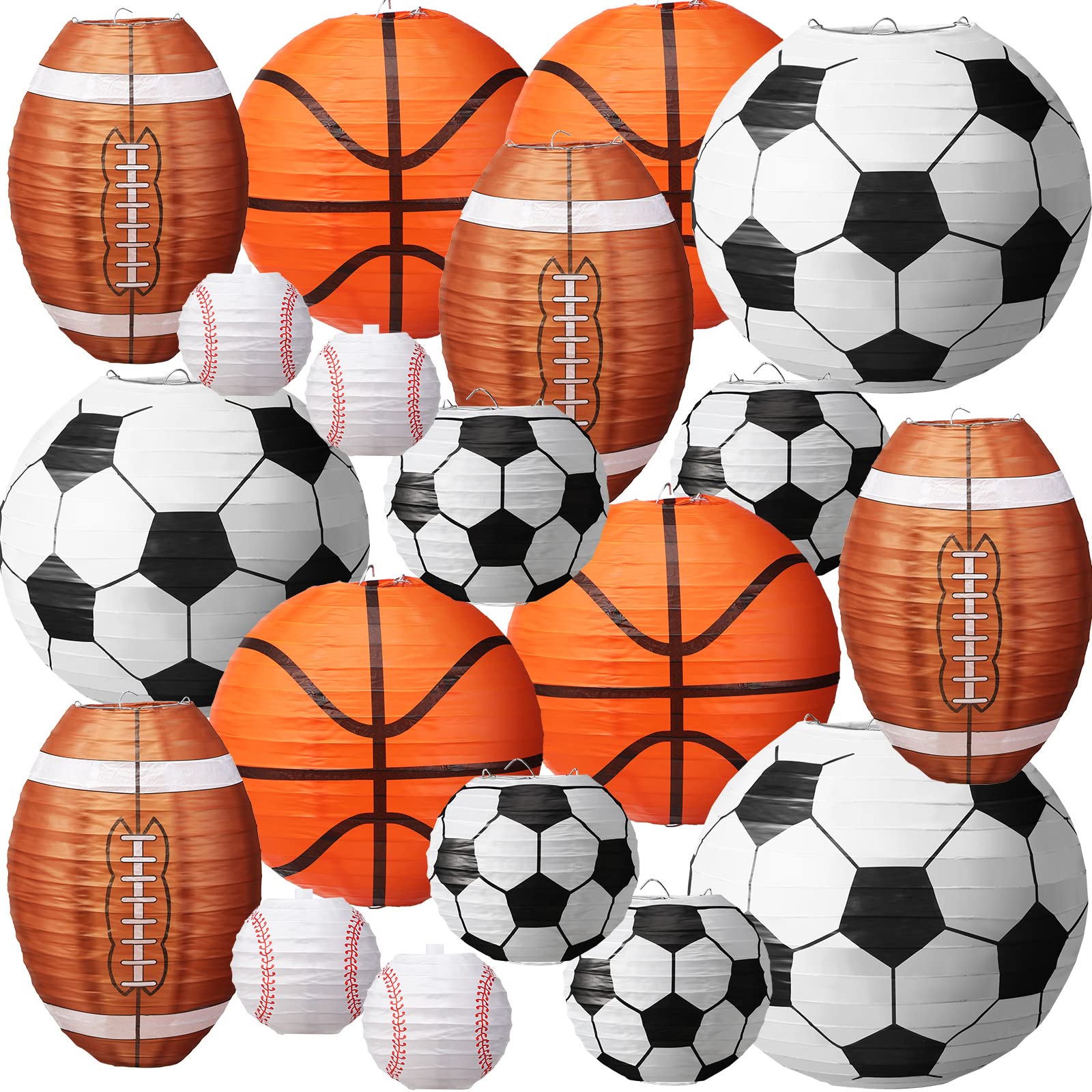 16 Pcs Multi Sizes Sports Paper Lanterns Soccer Football Basketball Baseball Party Lanterns Hanging Sport Theme Birthday Party Decorations for Indoor Outdoor Classroom Ceiling