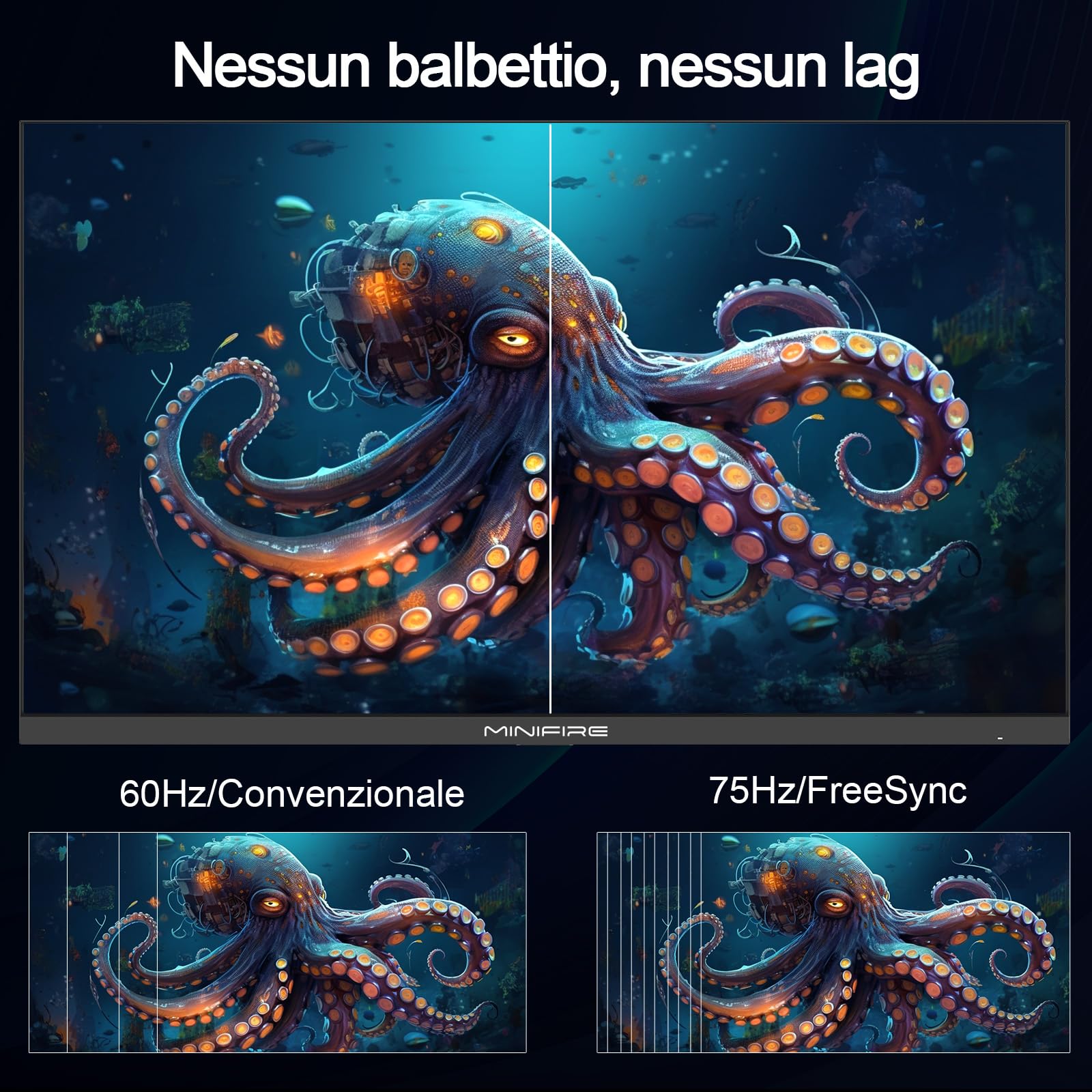 Minifire Monitor 22 pollici, FULL HD(1920 x 1080), IPS, 75 Hz, Adaptive Sync, Flicker Safe, 110% sRGB, Contrasto 3000:1, Tempo di Risposta 5 ms, HDMI 1.4, VGA, VESA, Reclinabile, Nero