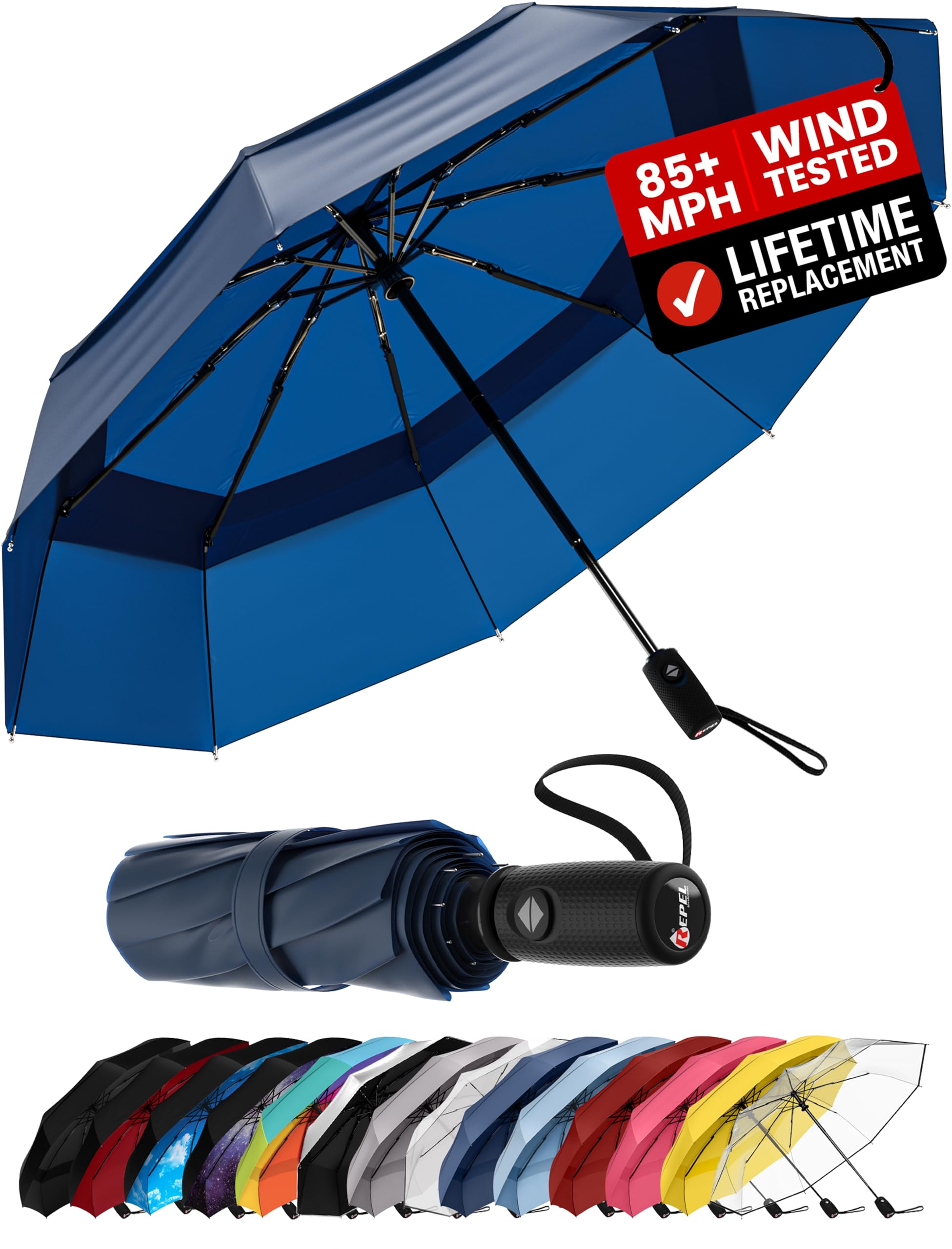 REPEL Windproof Travel Umbrella - Compact & Withstands Winds up to 85MPH , Strongest Premium Auto Folding Umbrella for Rain and Sun - Durable, Light & Portable for Women & Men , Fits Backpack & Cars