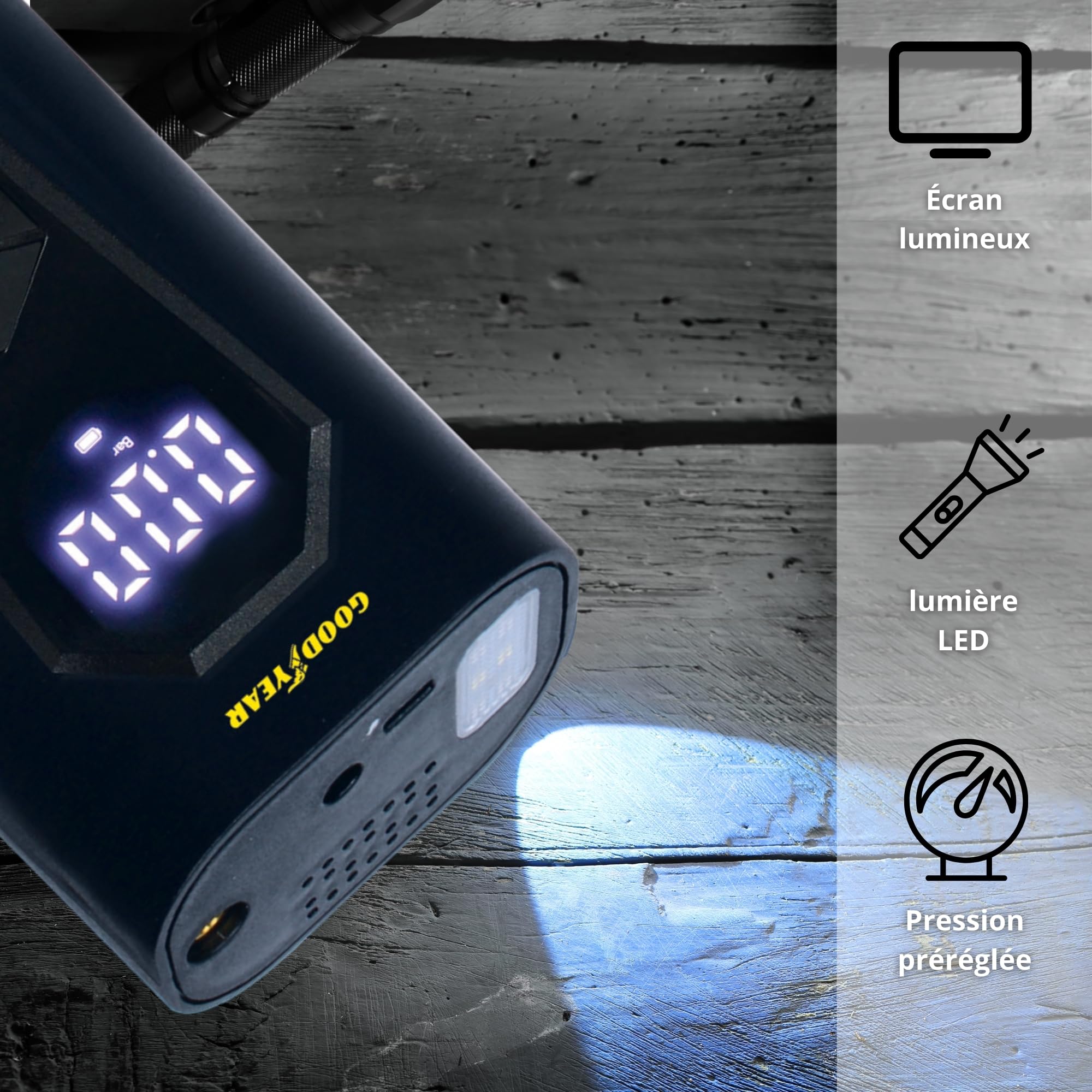 Goodyear Compresseur Portable Rechargeable sans Fil 6 000 Mah, 5 en 1 : Gonflage, Dégonflage, Mesure de Pression, Batterie Externe, Lampe Torche à 6 LED, Accessoires Inclus, Prise Allume-Cigare