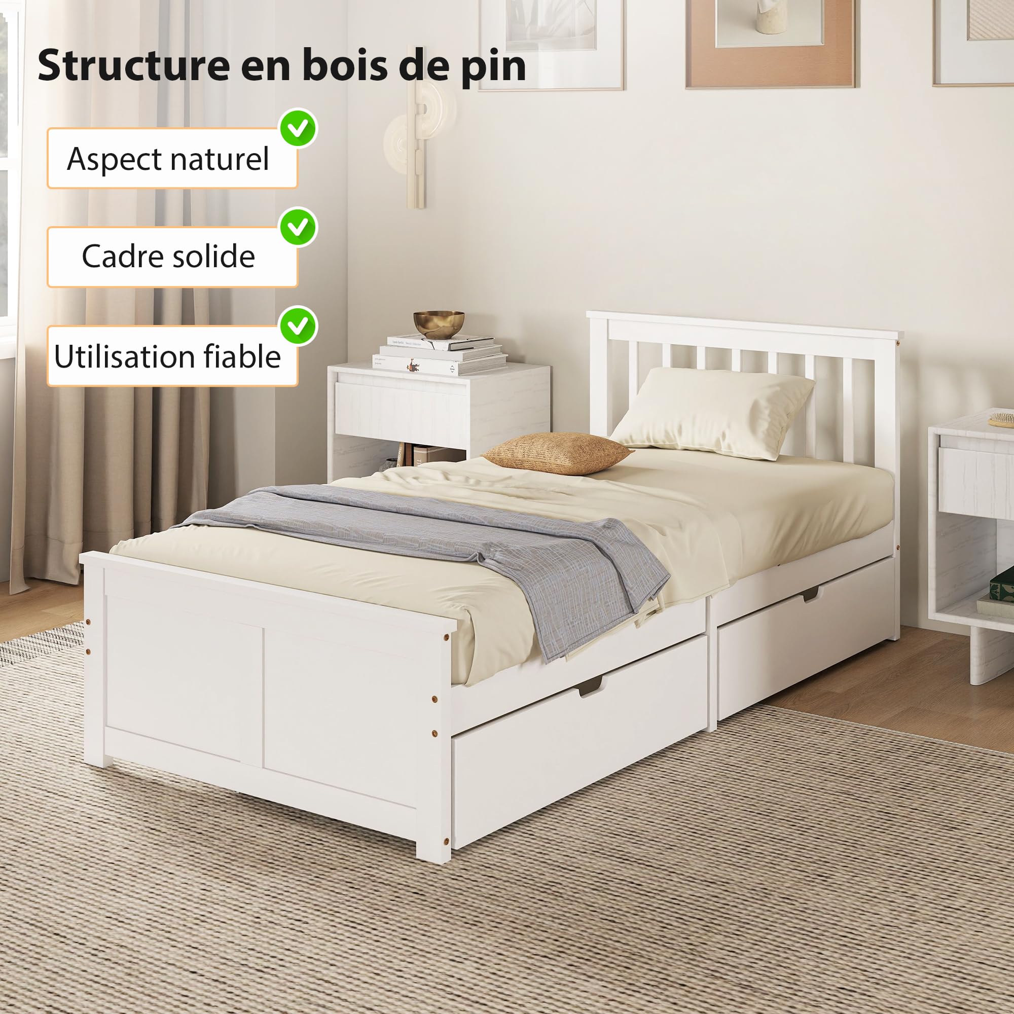 HOMCOM Cadre de Lit 90x190cm en Bois Massif Lit Coffre 2 Tiroirs Blanc