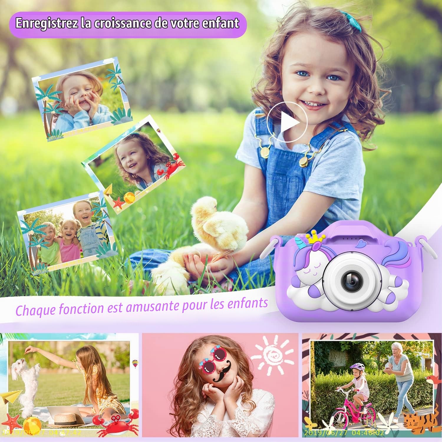 HOOMOON Dinosaure Appareil Photo Enfants, Caméra Selfie Jouet Fille Garçon, Carte SD 32 Go, Enregistreur Vidéo HD 1080p, Cadeaux d'anniversaire de Noël pour 3 4 5 6 7 8 9 10 Ans