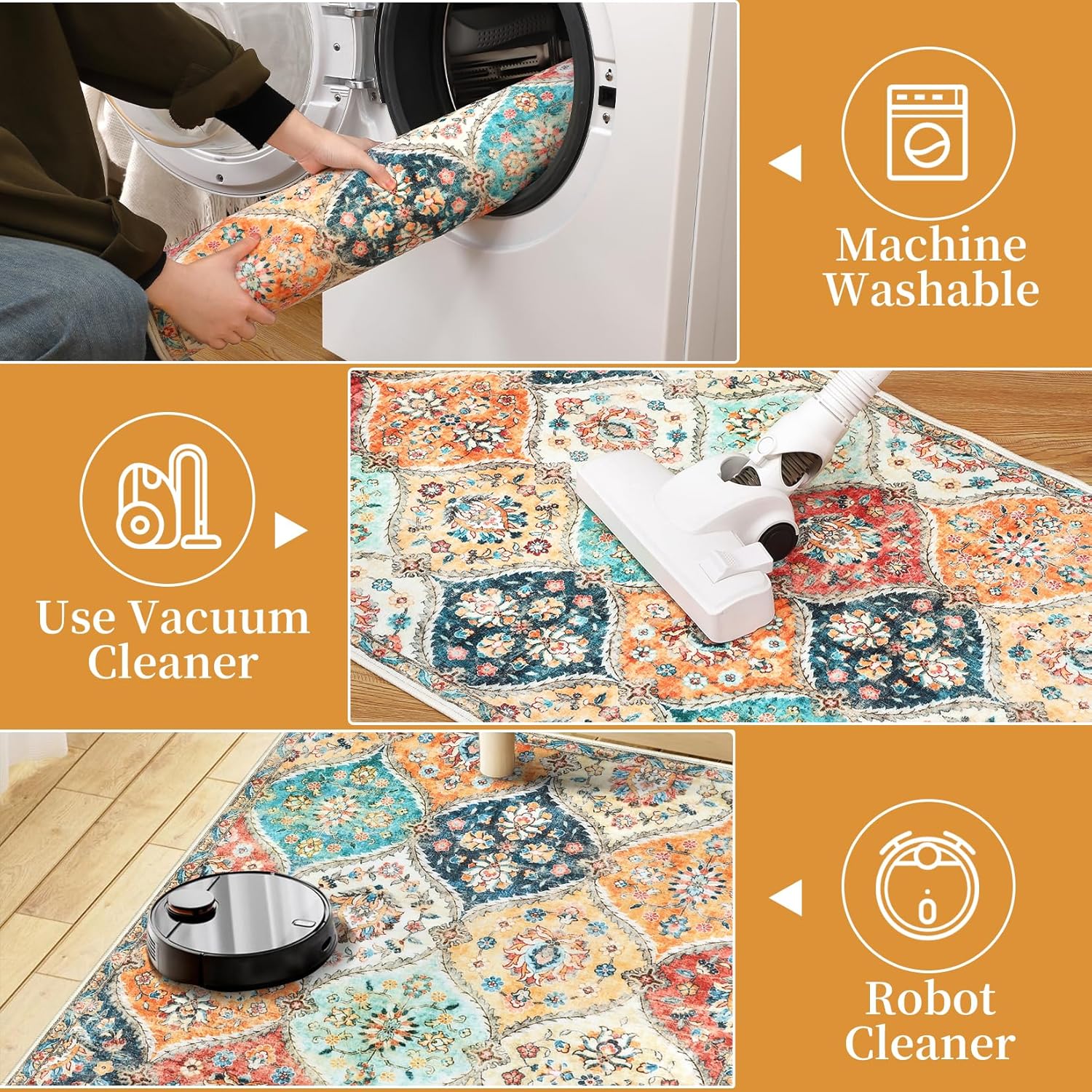 GAOMON Machine Washable Area Rug 5x7 Modern Trellis Area Rug for Living Room Bedroom Vintage Medallion Floral Non-Slip Stain Resistant Accent Rug Carpet for Home Decor, Cream/Multi