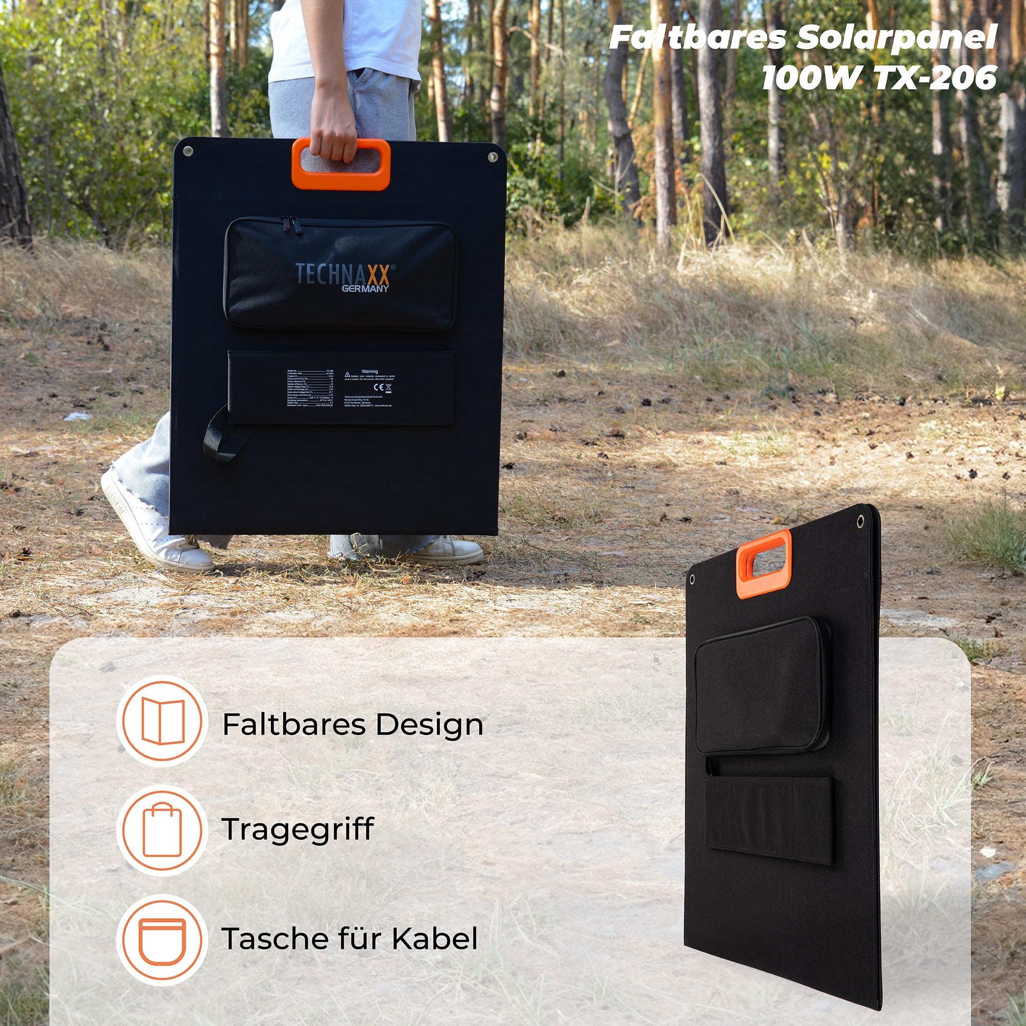 Technaxx Solarpanel Faltbar 100W TX-206 für Outdoor, Camping, Balkon usw, Tragbares monokristallines Solarladegerät für alle gängigen Power stations mit USB-A/USB-C/XT60/DC7909/MC4/Anderson Ausgänge