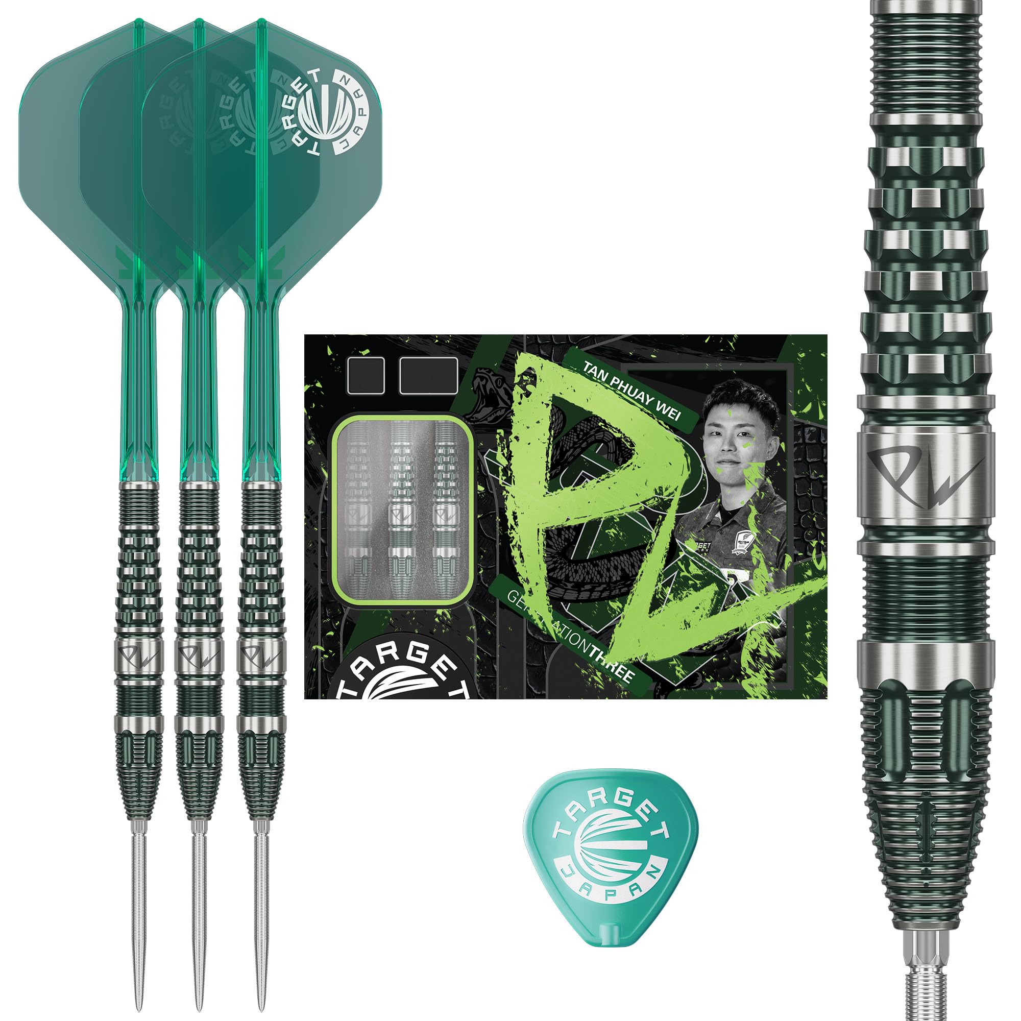 Target Japan Prime Series PW G3 Steel Tip Darts with Kflex, 25G | 90% Tungsten Dart Set, K-Flex Flights and Shafts No.2, Swiss Nano Point Tips, Tan Phuay Wei Gen 3