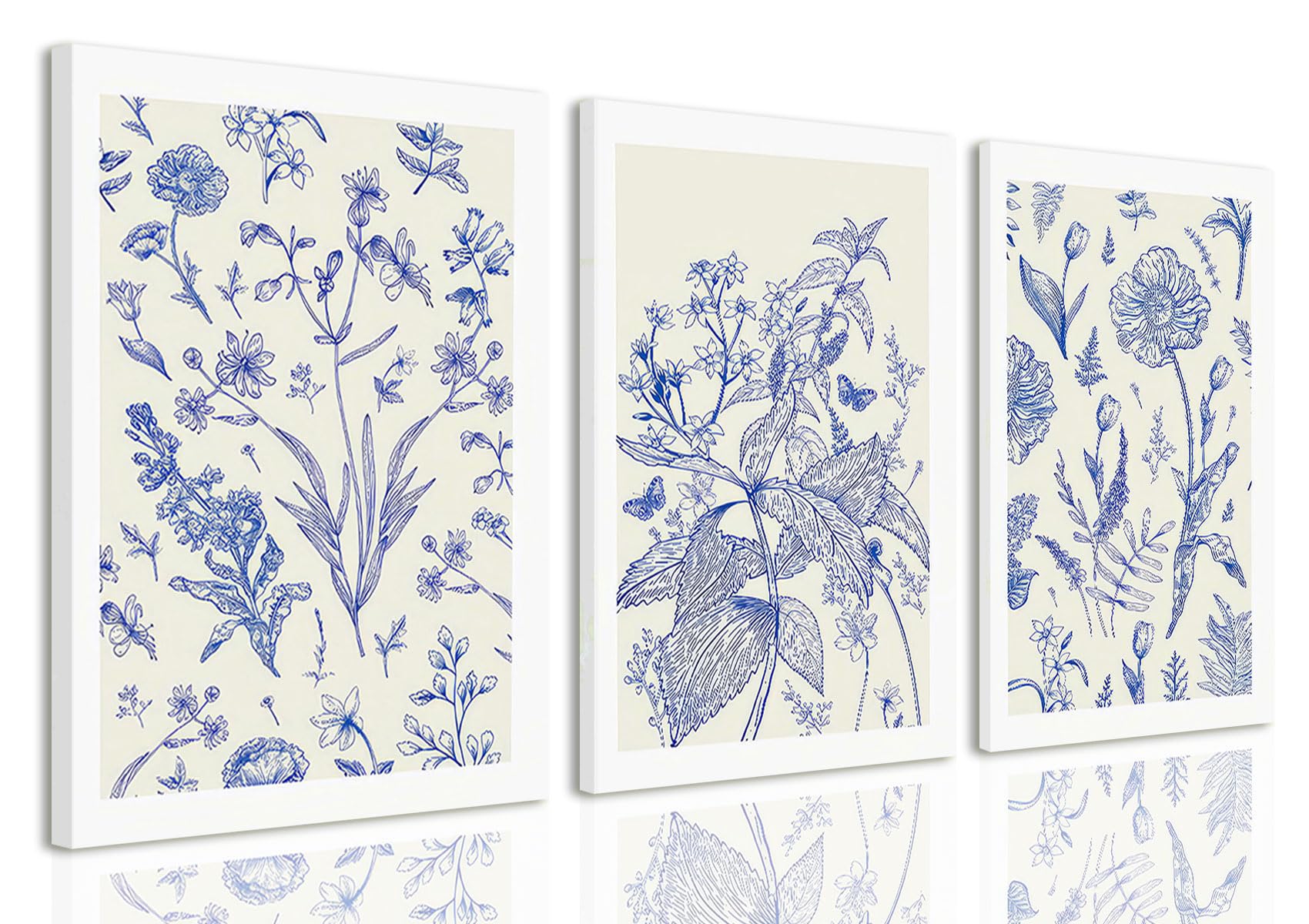 LYPHNX Framed Blue White Chinoiserie Floral Canvas Wall Art Navy Watercolor Flower Painting Posters Set of 3 Minimalist Botanical Wildflower Prints Picture Home Decor for Bedroom Living room 16"x24"