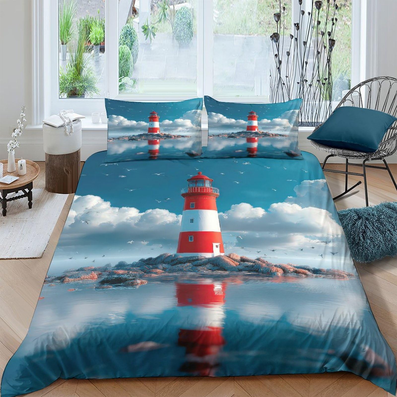 Ctjqhvkz Style-6 3D Printed Lighthouse Ocean Fitted Sheet Microfiber Soft Blue Red Coastal Mattress Cover Bedroom Decor Single（135X200cm）
