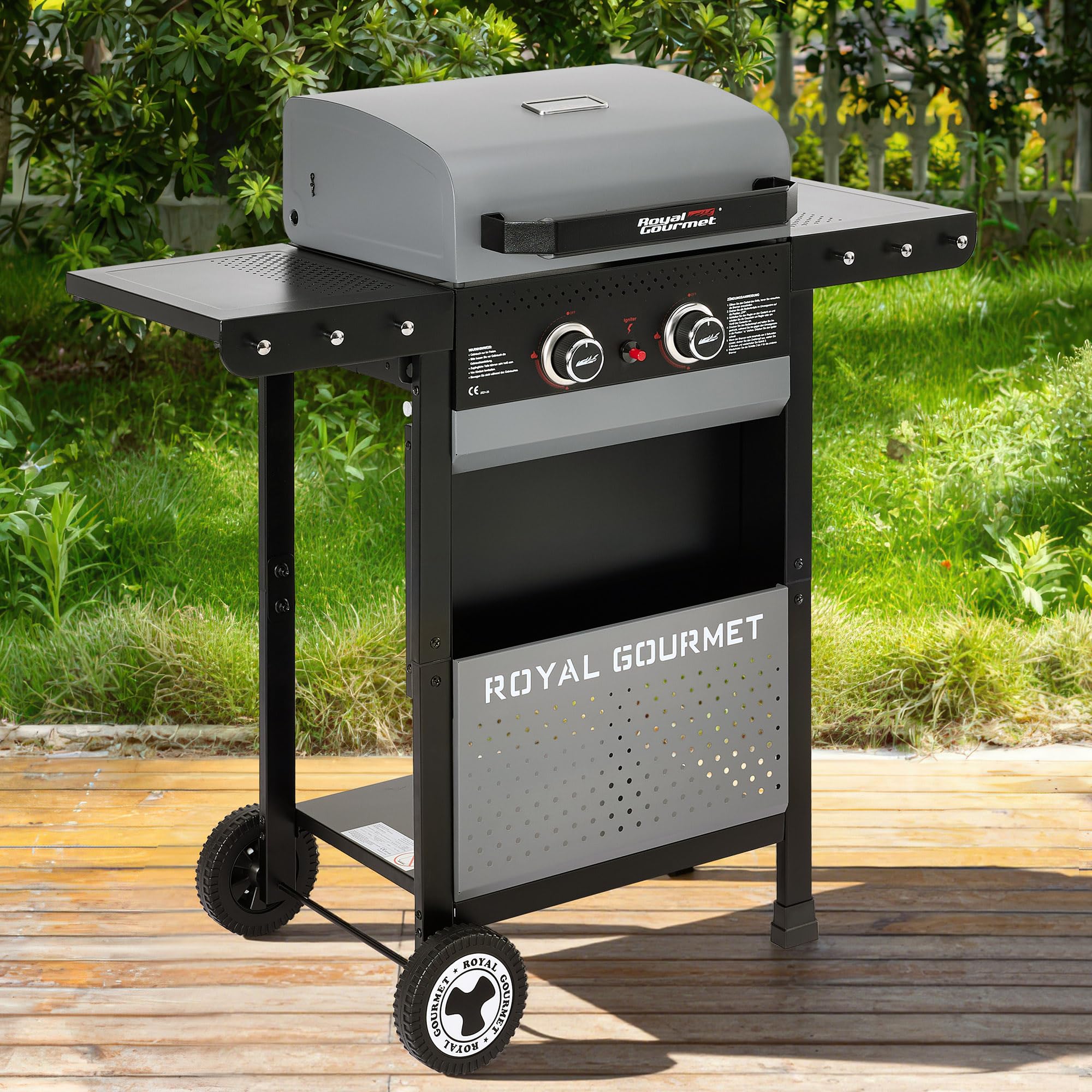 Royal Gourmet 2-Brenner Gasgrill 5 kW Grillwagen mit klappbaren Seitenablagen, Ablagekorb, Outdoor Gasgrill für Balkon, Terrasse, Garten und Camping, Grau