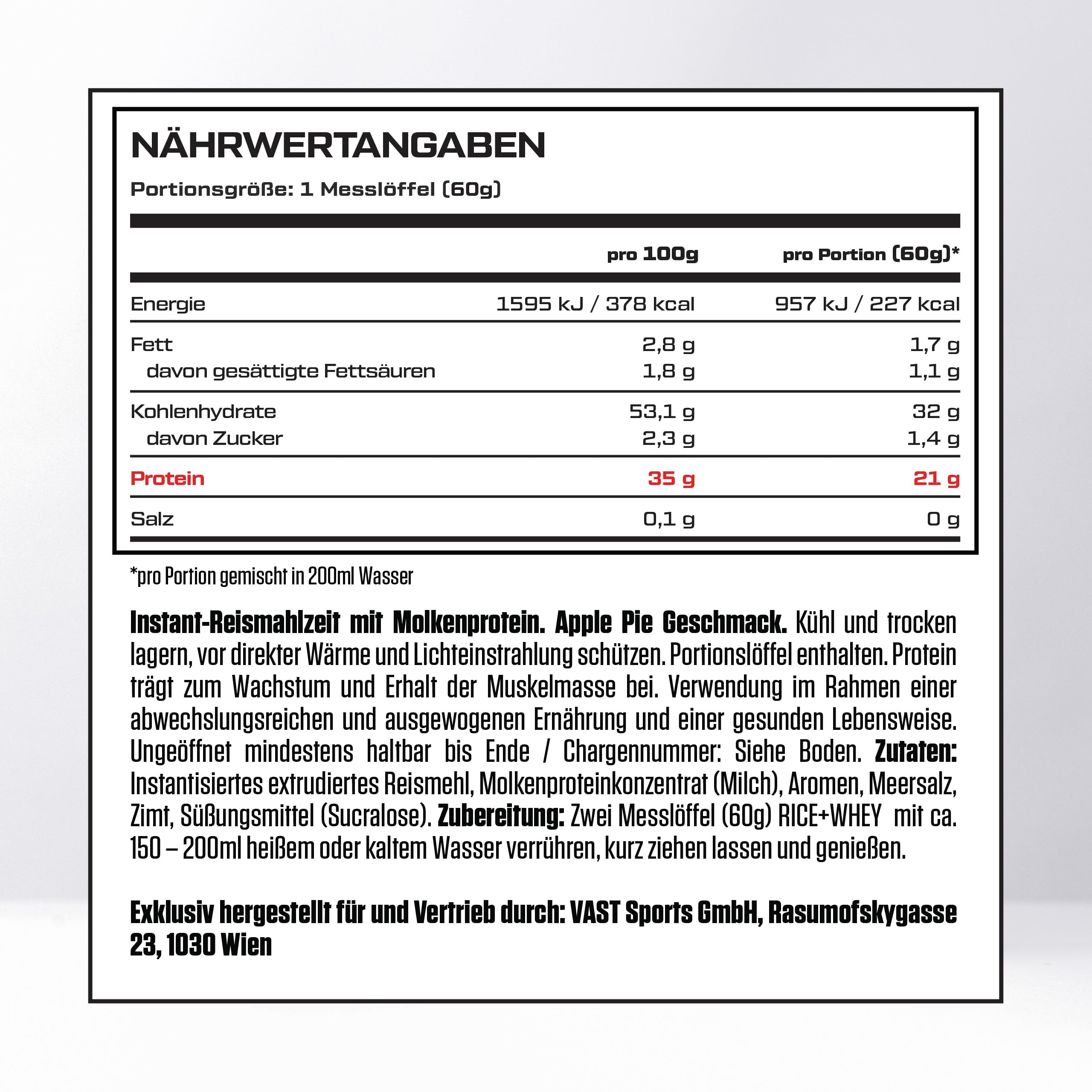 VAST RICE+WHEY – 900g – Instant Reispudding mit Whey Protein – Hoher Proteingehalt – Schnelle Zubereitung – Ideal als Frühstück oder Preworkout – Ohne Zuckerzusatz, glutenfrei (900g, Apple Pie)