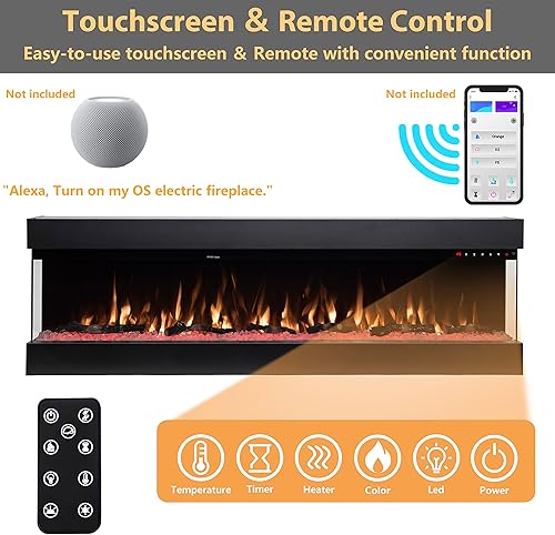 Miniatura 2 de Insertos de chimenea eléctrica 3D, chimenea de pared inteligente de 60 pulgadas con control remoto habilitado para WiFi, brillo de llama ajustable