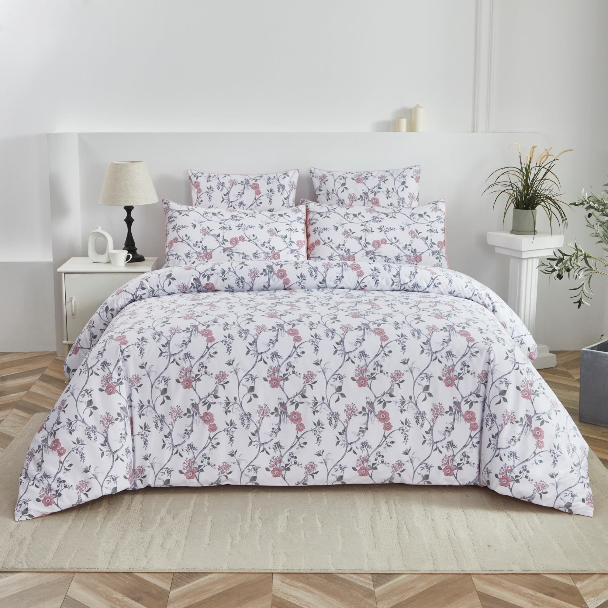 USTIDE Rustic Shabby Duvet Cover Set 4 Pieces Vintage Floral Cotton Bedding Deep Pocket Fitted Sheet Double Size