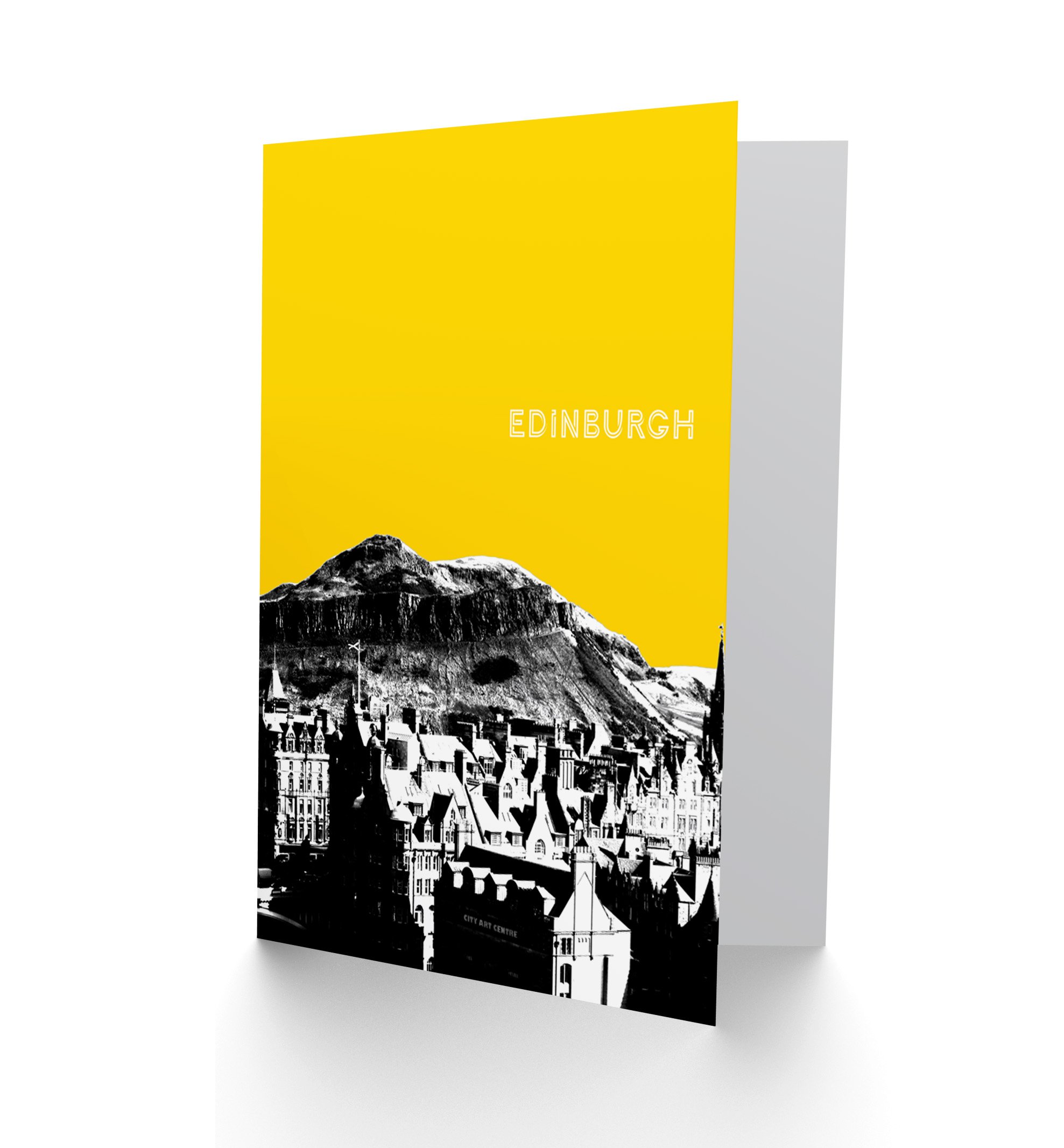 Wee Blue Coo Arthurs Seat Edinburgh Scottish Landmark Yellow Greetings Card