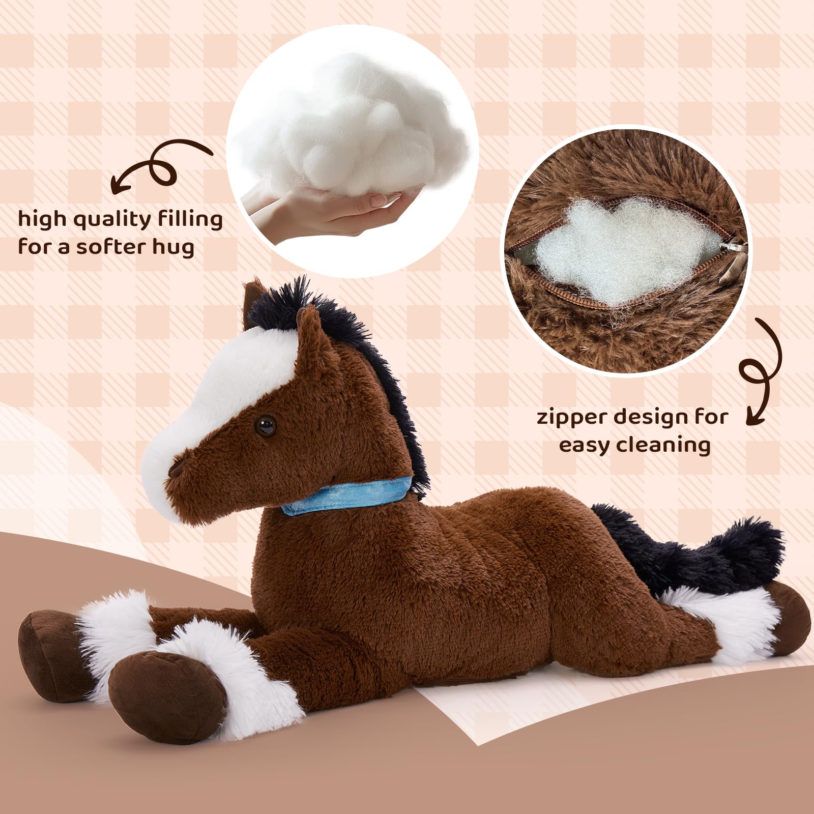 KERTA 35Inches Large Horse Stuffed Animal, 3 Feet Realistic Stuffed Pony Plush Toy, Hugging Soft Chocolate Horse Plush Body Pillow Gift for Kids Girlfriend 6