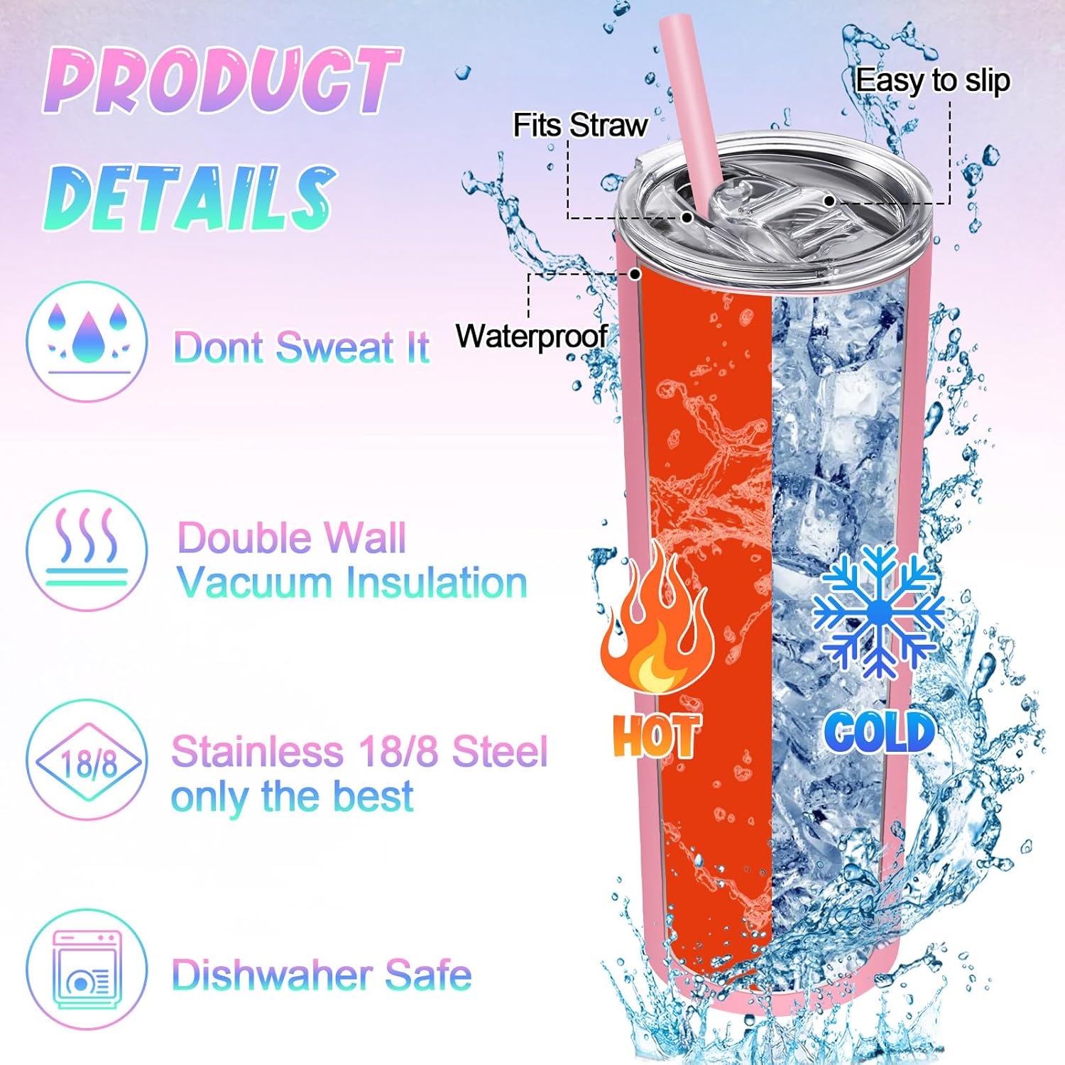 12 Packs Glitter Skinny Tumblers with Lids and Straws Bulk, 20 oz Stainless Steel Double Wall Vacuum Insulated Cup Coffee Tumbler Travel Water Mug for Hot Cold Drink, Rainbow Colors - Image 3