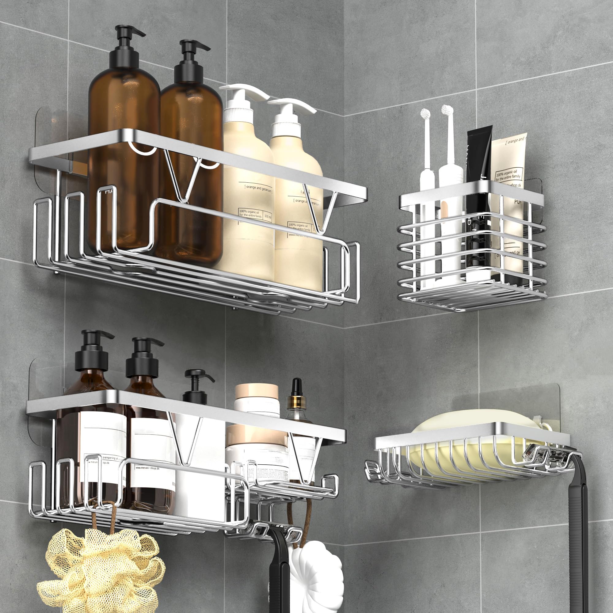 Kegii Shower Caddy - Adhesive Bathroom Caddy, 4 Piece Shower Shelf with Toothbrush Holder & Soap Holder Stainless Steel