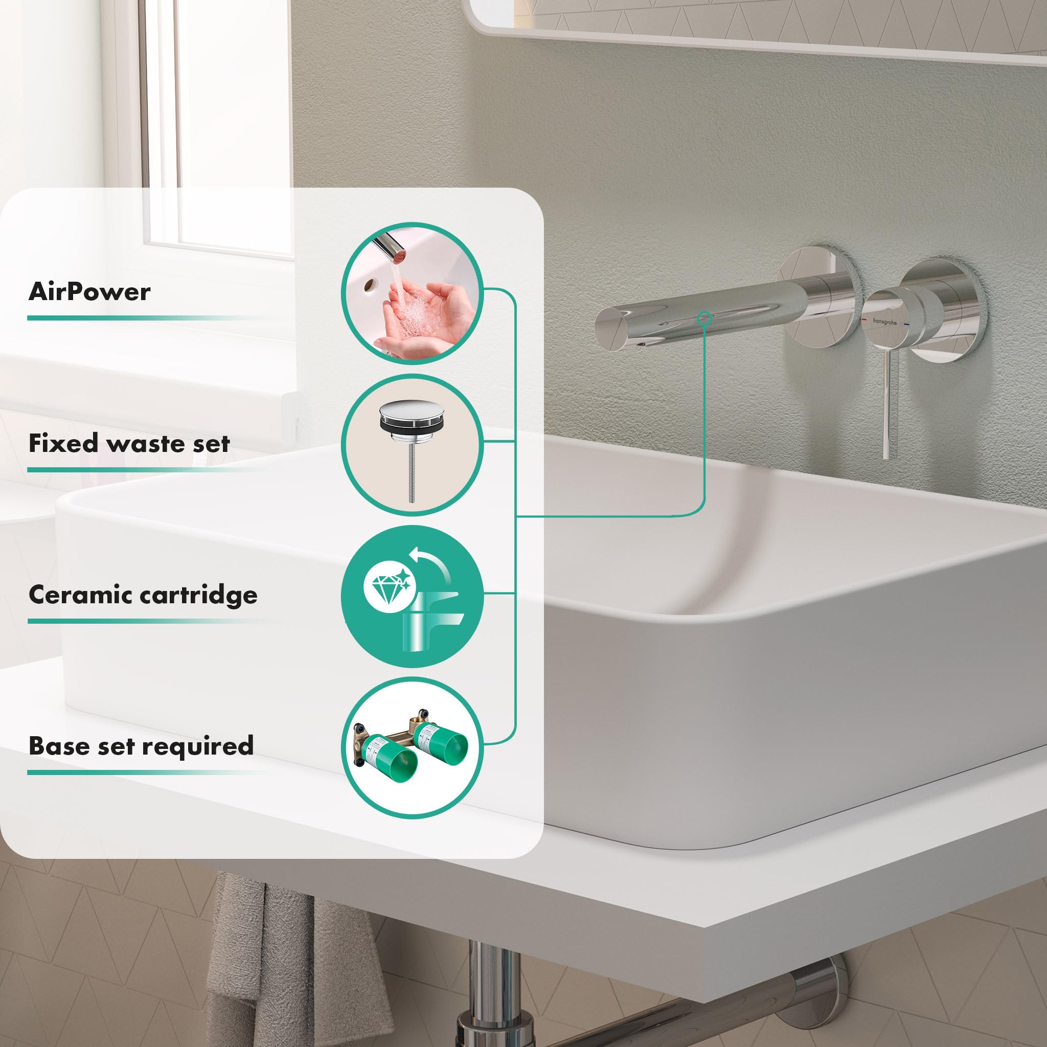 hansgrohe Zesis S - bateria umywalkowa podtynkowa do montażu na ścianie z zestawem odpływowym, kran łazienkowy z długością wylewki 19,4 cm, oszczędność wody (EcoSmart+), chrom, 74750000