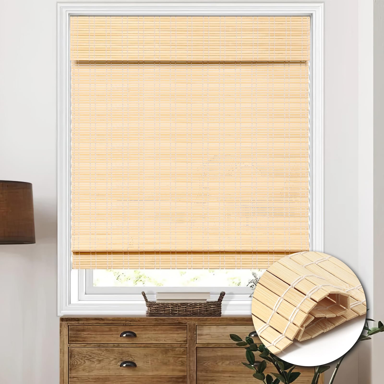 HIDODO Cordless Bamboo Roman Shades, Light Filtering Bamboo Shades Blinds Window Treatment Roll Up Blind for Windows, 36" W x 64" H, Beige