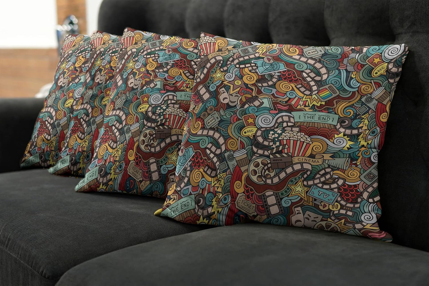 Ambesonne Hipster Decorative Throw Pillow Case Pack of 4, Cinema Items Combined in an Abstract Style Popcorn Movie Reel The End Theatre, Cushion Cover for Couch Living Room Car, 18", Grey Black