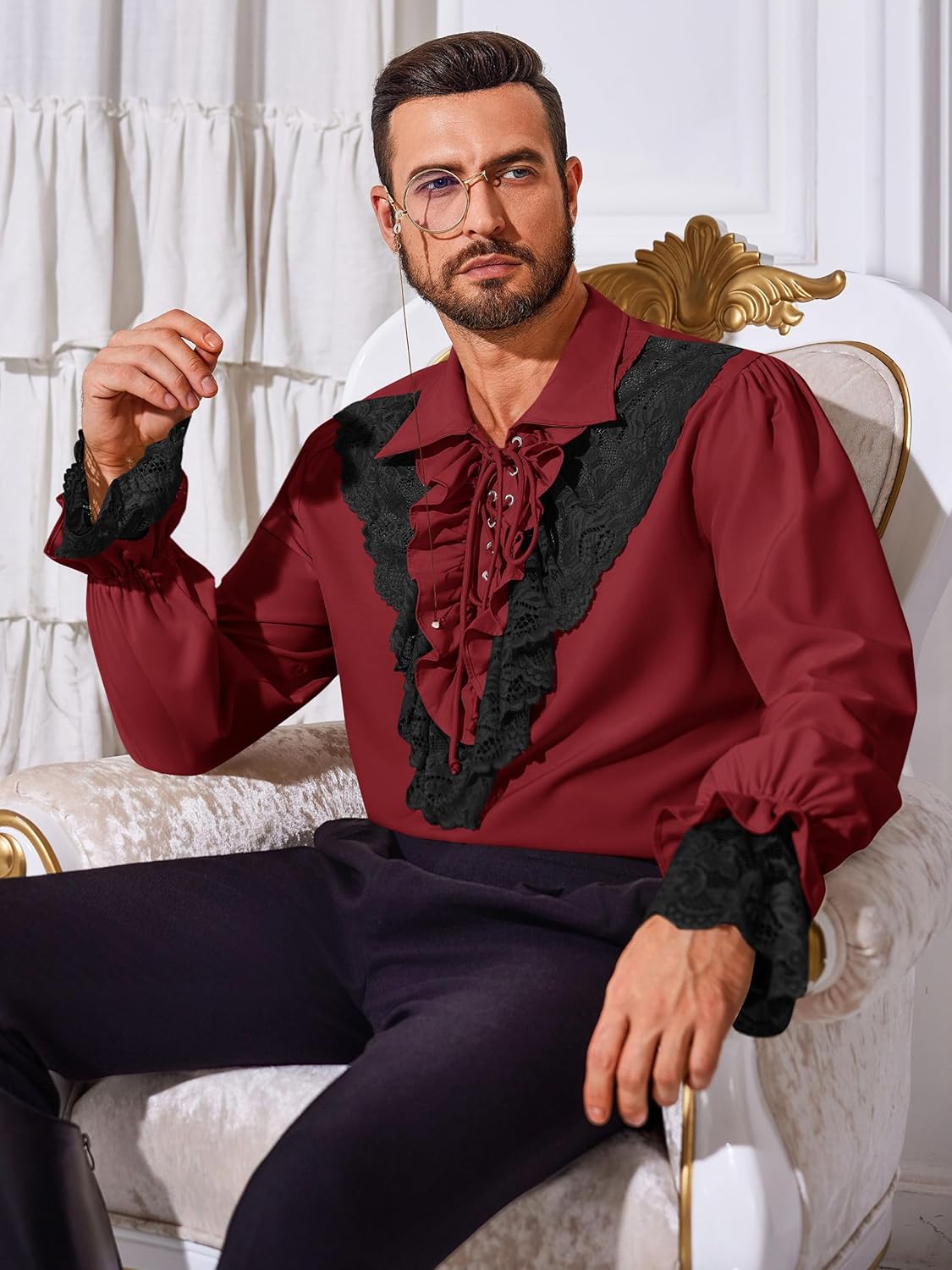 Runcati Mens Pirate Shirt Ruffle Renaissance Victorian Vampire Poet Shirts Steampunk Gothic Medieval Lace Costume - Image 3