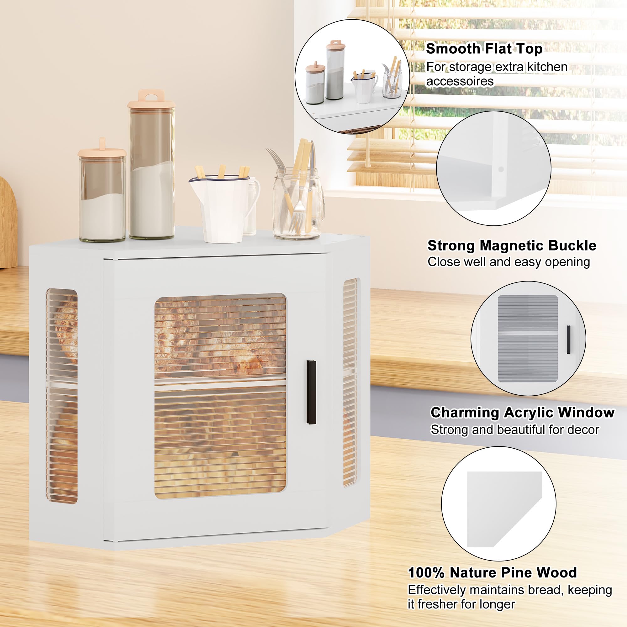 TQVAI Scatola per pane per piano di lavoro della cucina, grande contenitore angolare per pane a doppio strato, in legno, con finestra in acrilico, bianco