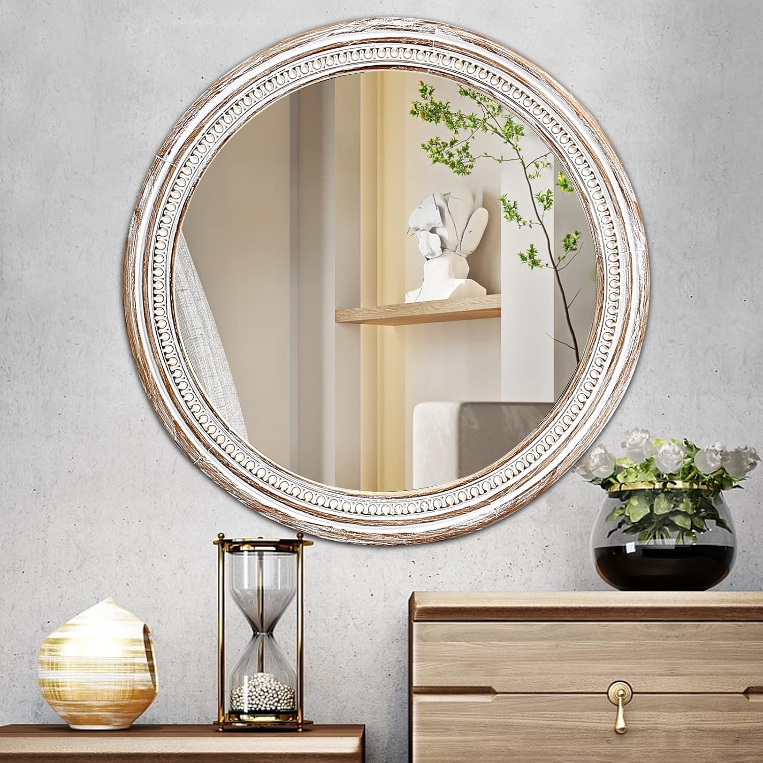 30 Inch Wooden Round Wall Mirrors for Bathroom Over Sink, Rustic Farmhouse Large Circle Mirror for Entryway, Bedroom, Living Room, Hallway Decorative