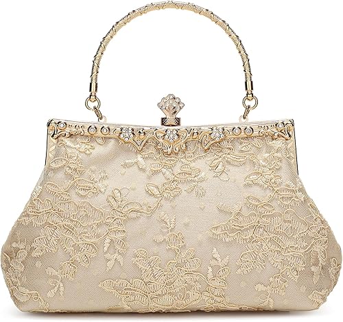 UBORSE Bolso vintage de los años 20 con bordado floral de encaje para mujer, bolso de noche formal, bolso de mano para boda