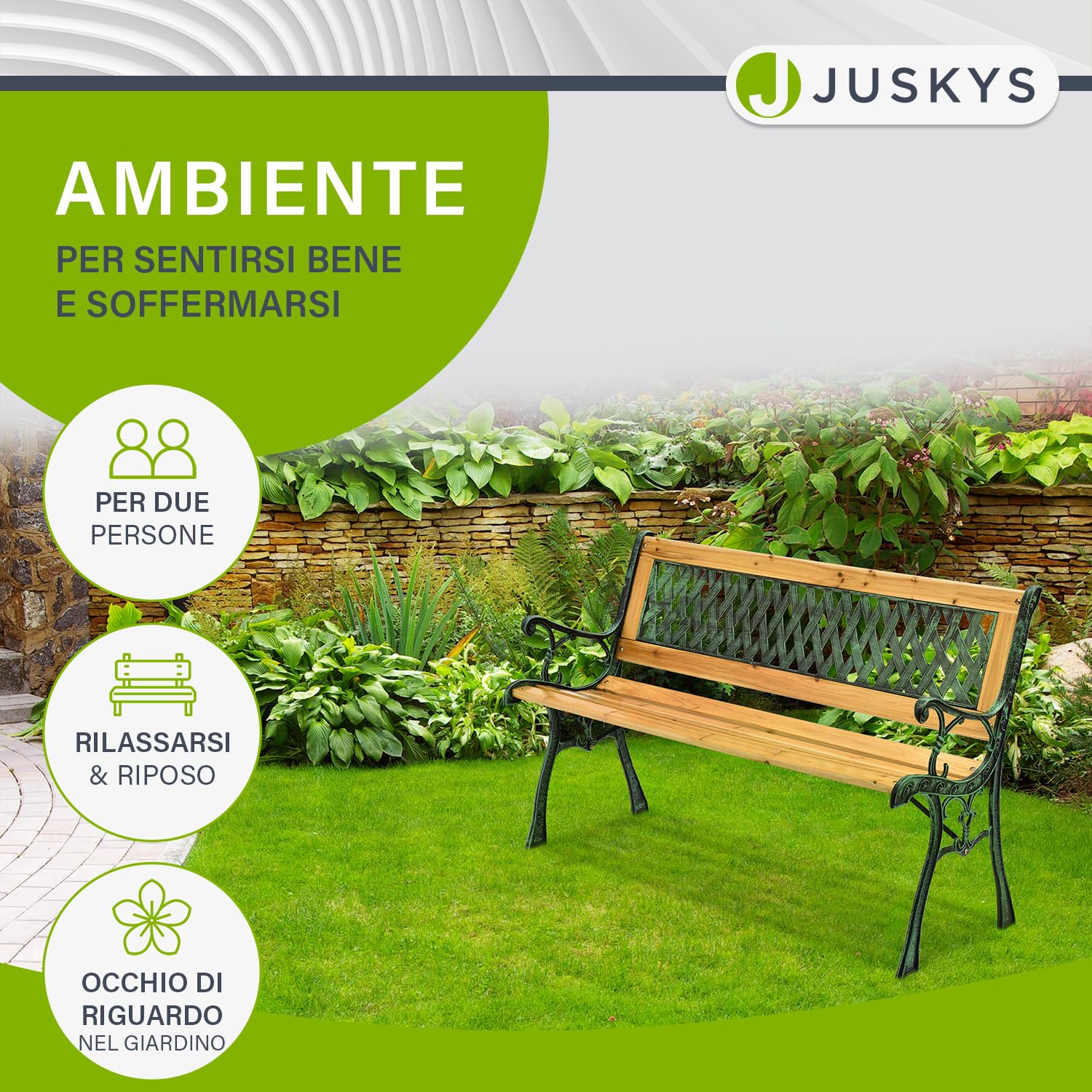 Juskys Panchina da giardino Pisa - Panchina in legno per 2 persone con braccioli e schienale - Resistente alle intemperie 122x54x73 cm - Elementi laterali in ghisa
