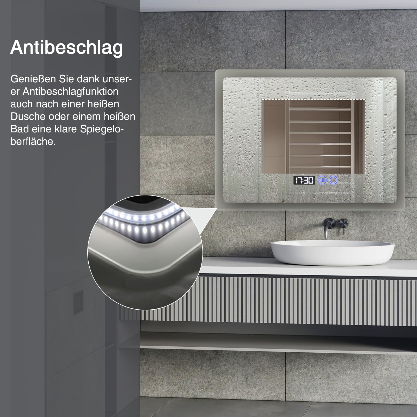 YU YUSING Badspiegel mit Beleuchtung 80x60cm Badezimmerspiegel LED mit 3 Lichtfarben Dimmbar, Beschlagfrei Wandspiegel mit Touch-Schalter, Spiegel Badezimmer Timer-funcktion, Gehärtetes Glas IP44