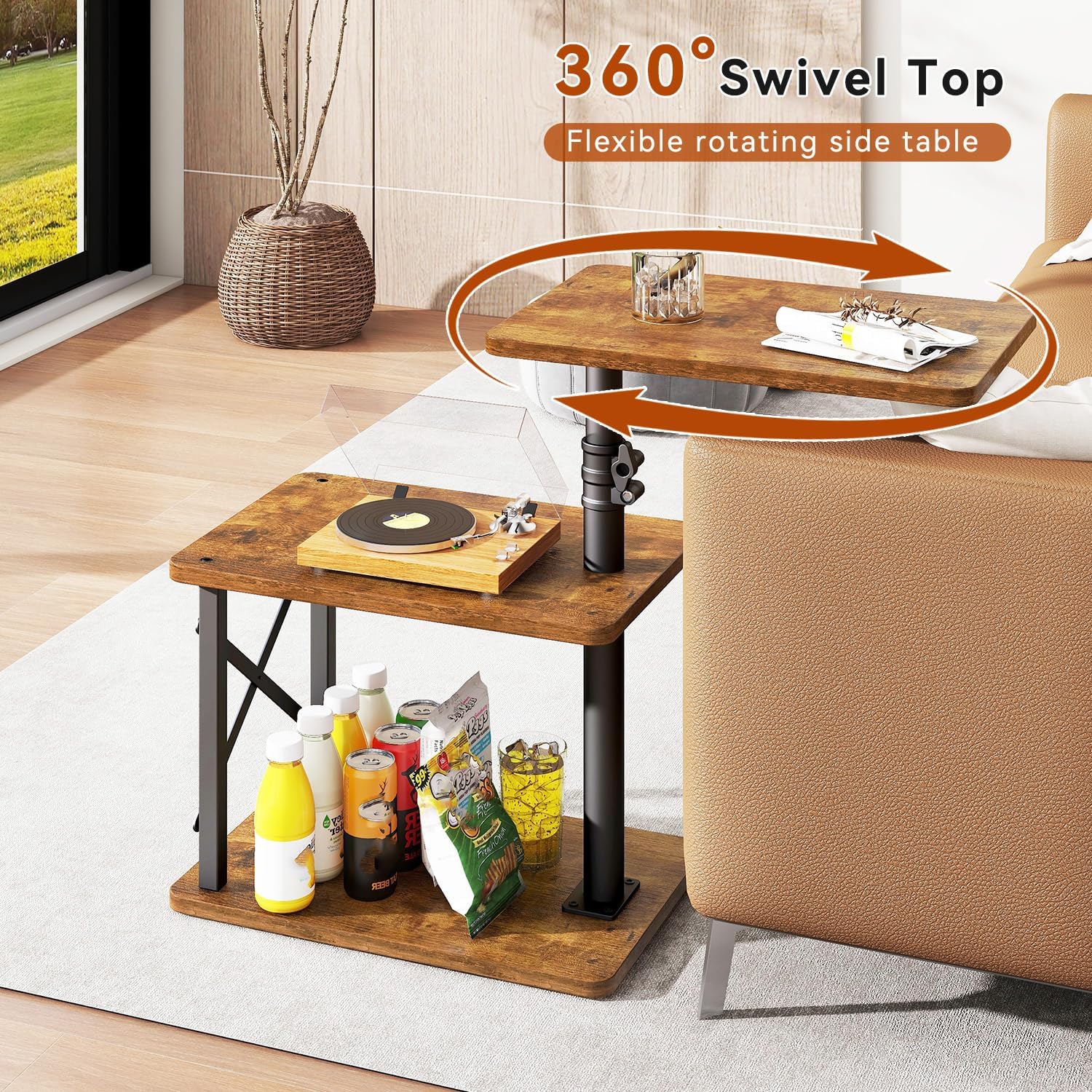 IBUYKE 360° Swivel Height Adjustable Side Table, C Shaped End Table for Small Spaces Sofa/Bed, with Storage Shelf, 3-Tier Night Stand for Living Room, Bedroom,Retro Brown UTVT006H