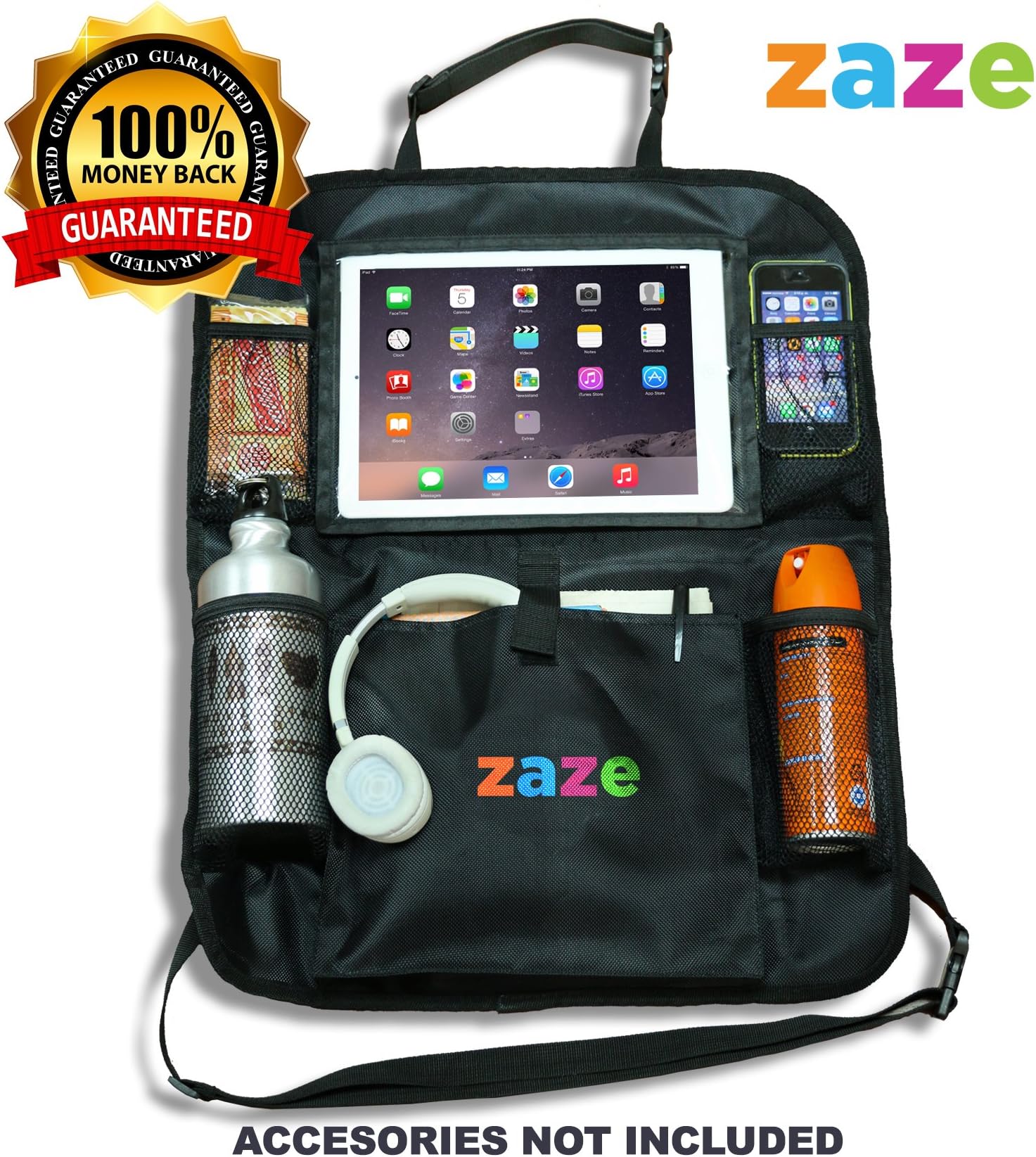 Premium CAR Back SEAT ORGANIZER & iPad TABLET HOLDER by ZAZE 1 Unit Multifunction: Car Seat Protector + Kick Mat + Organizer + Tablet Holder Travel Honda Odyssey Accessories Kids Covers Baby Protector